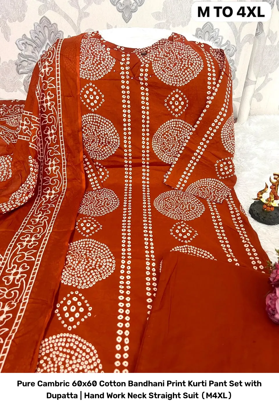 Pure Cambric 60x60 Cotton Bandhani Print Kurti Pant Set with Dupatta | Hand Work Neck Straight Suit (M–4XL) 8