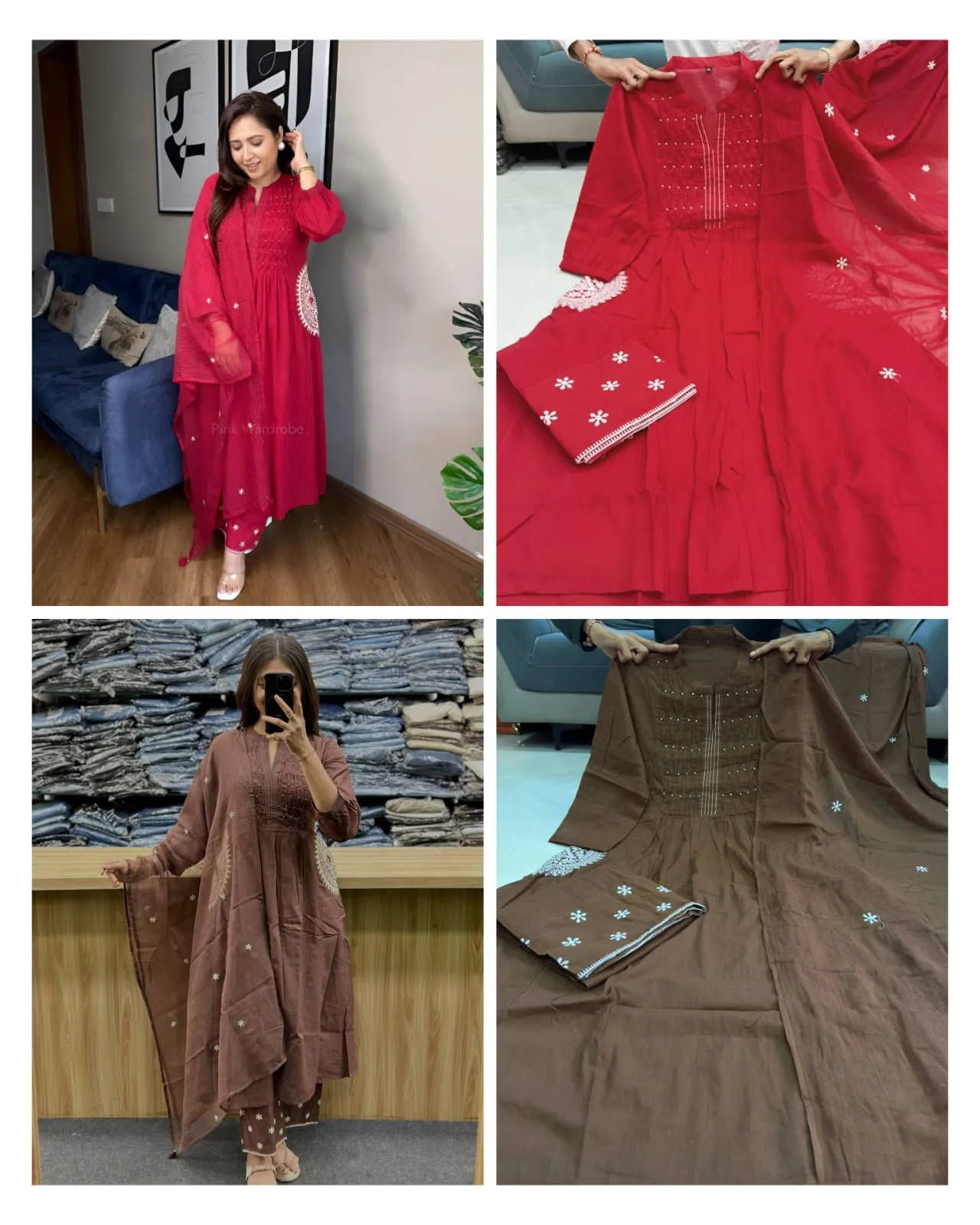 Pure Cotton 60 60 Flared Kurti Pant Set with Dupatta | Handwork Neck Pleated Ethnic Suit Set