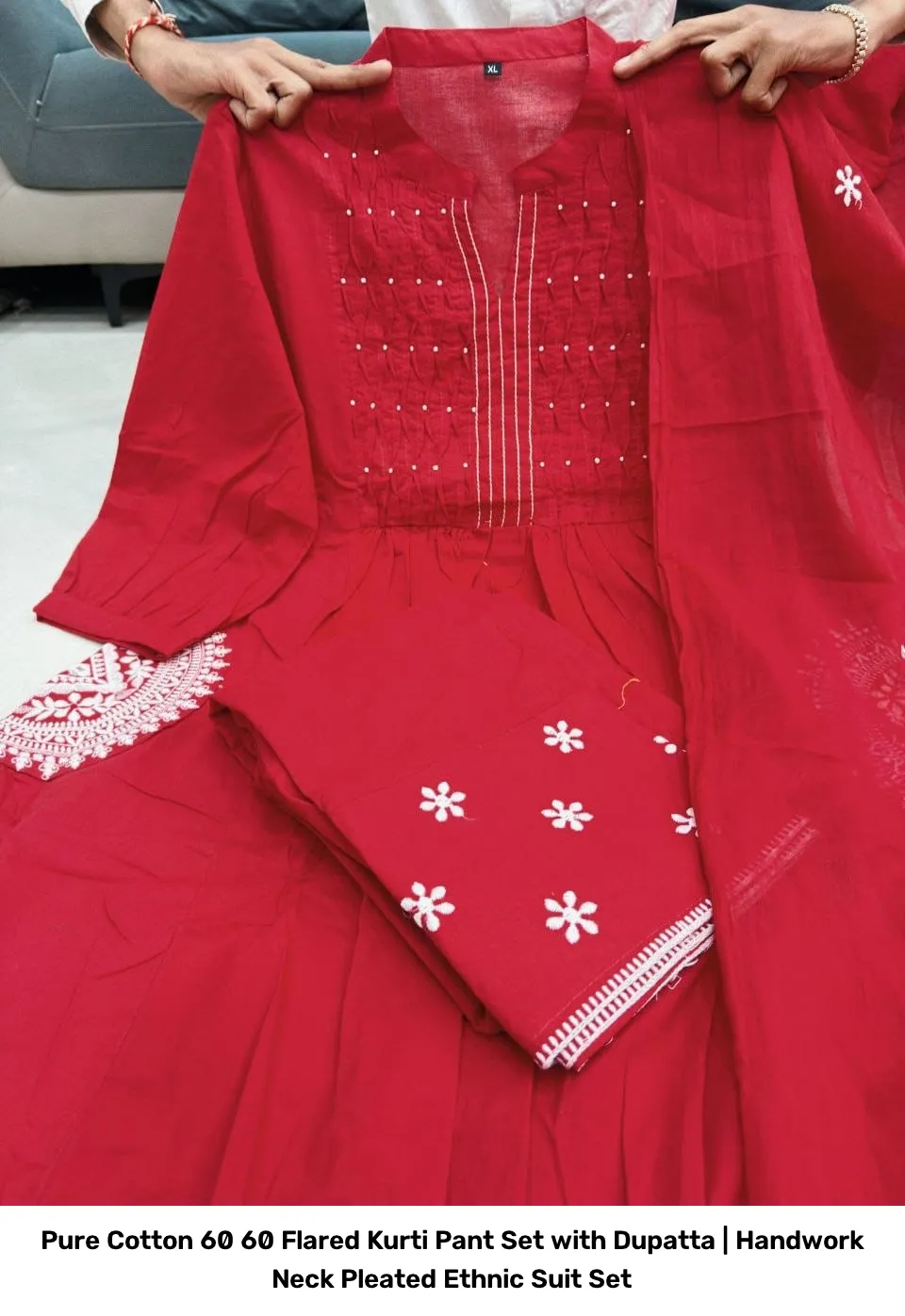 Pure Cotton 60 60 Flared Kurti Pant Set with Dupatta | Handwork Neck Pleated Ethnic Suit Set 3