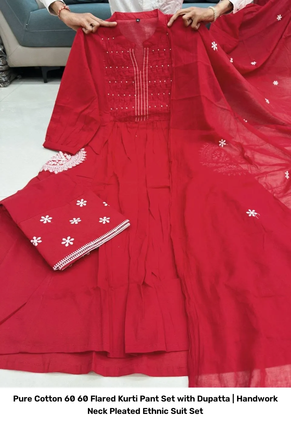 Pure Cotton 60 60 Flared Kurti Pant Set with Dupatta | Handwork Neck Pleated Ethnic Suit Set 4