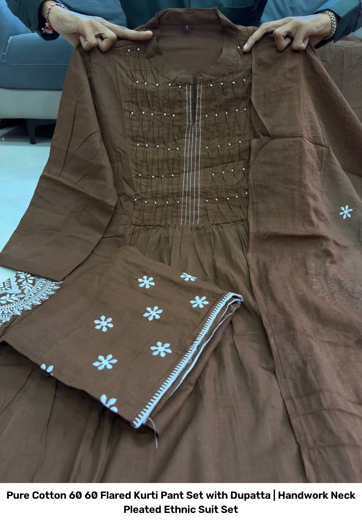 Pure Cotton 60 60 Flared Kurti Pant Set with Dupatta | Handwork Neck Pleated Ethnic Suit Set 5