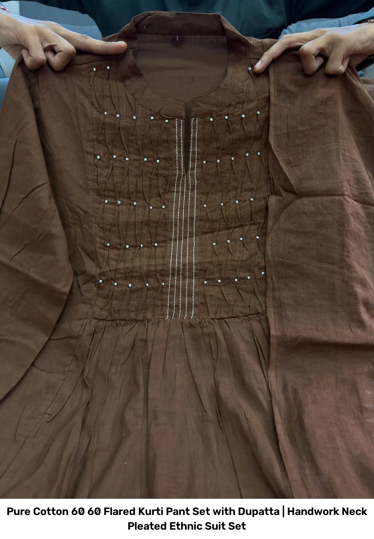 Pure Cotton 60 60 Flared Kurti Pant Set with Dupatta | Handwork Neck Pleated Ethnic Suit Set 6