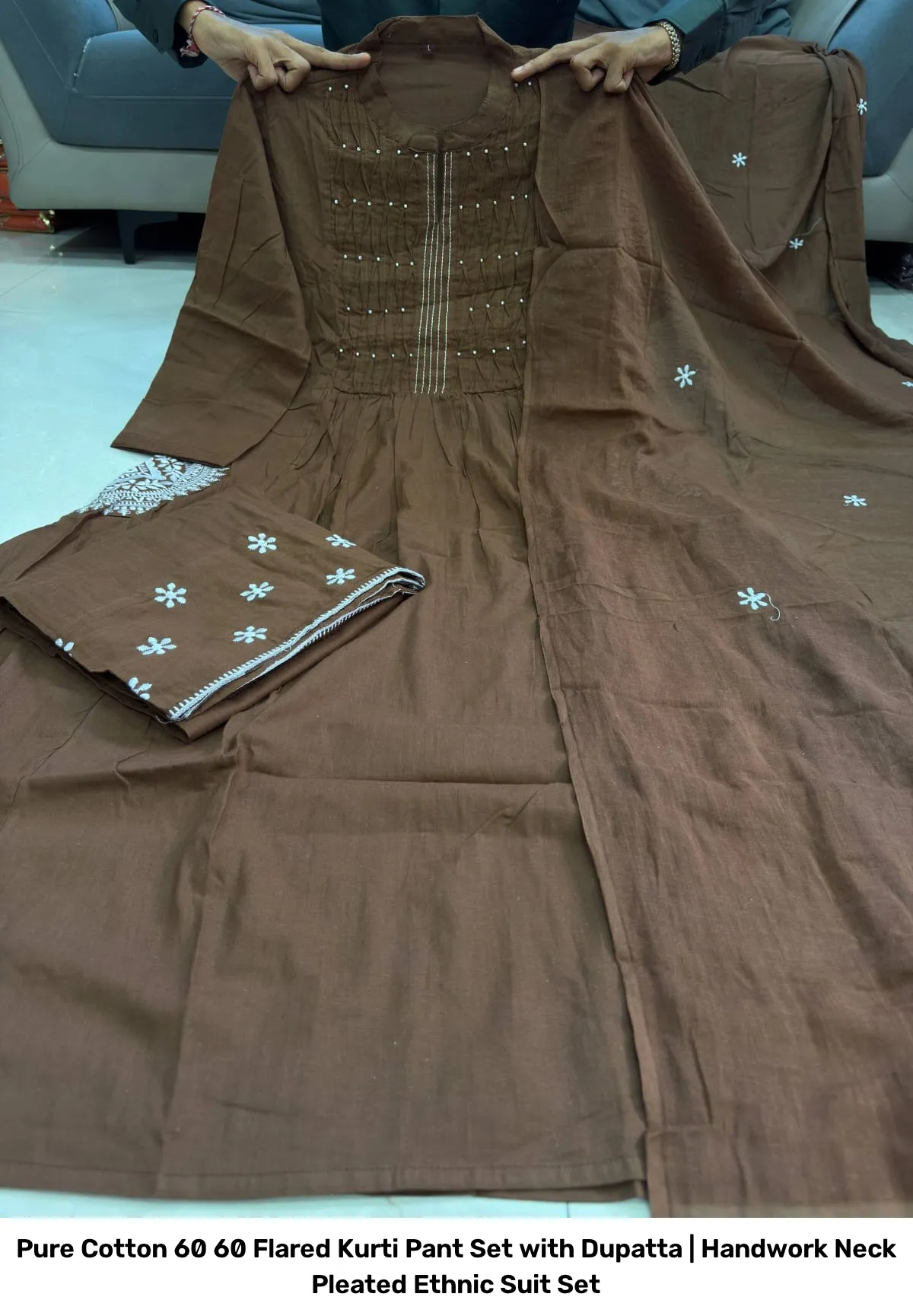 Pure Cotton 60 60 Flared Kurti Pant Set with Dupatta | Handwork Neck Pleated Ethnic Suit Set 7