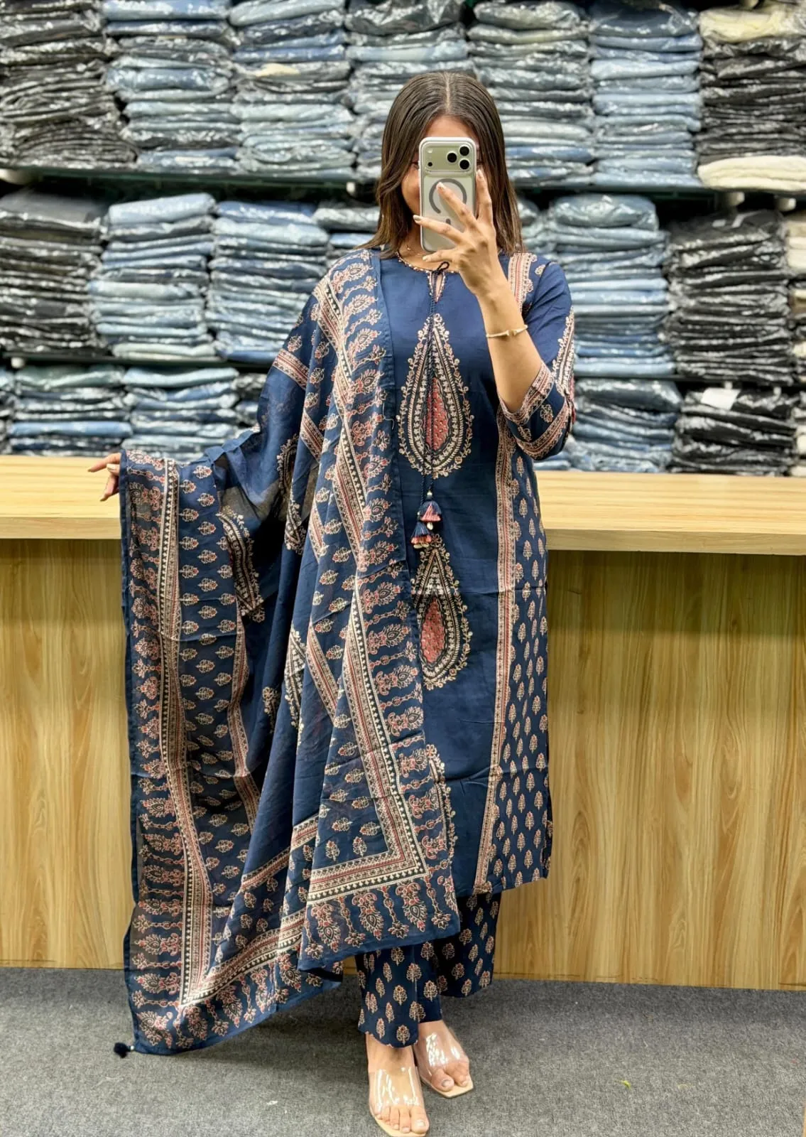 Pure Cotton 60 60 Printed A-Line Kurti Pant with Dupatta Set | Designer Handwork Yoke Ethnic Suit Set for Women