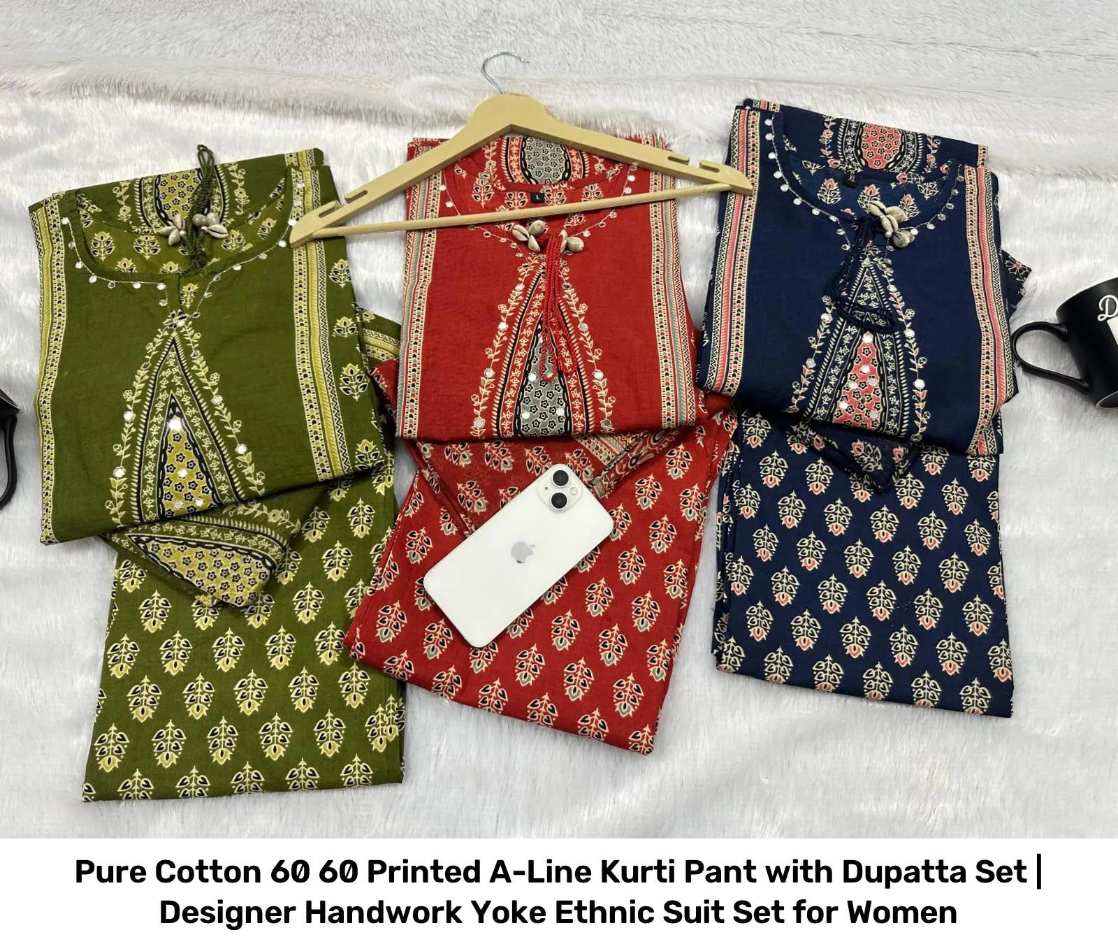 Pure Cotton 60 60 Printed A-Line Kurti Pant with Dupatta Set | Designer Handwork Yoke Ethnic Suit Set for Women 10