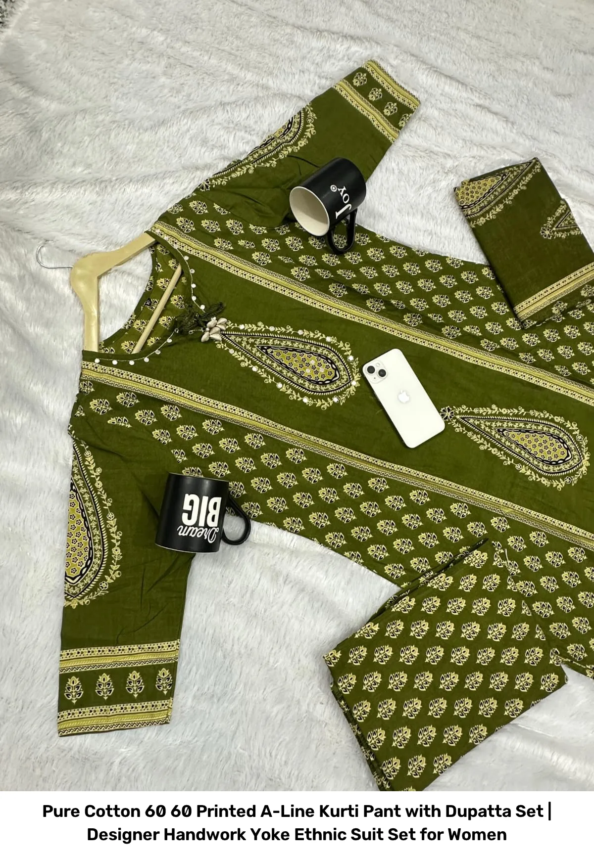 Pure Cotton 60 60 Printed A-Line Kurti Pant with Dupatta Set | Designer Handwork Yoke Ethnic Suit Set for Women 11