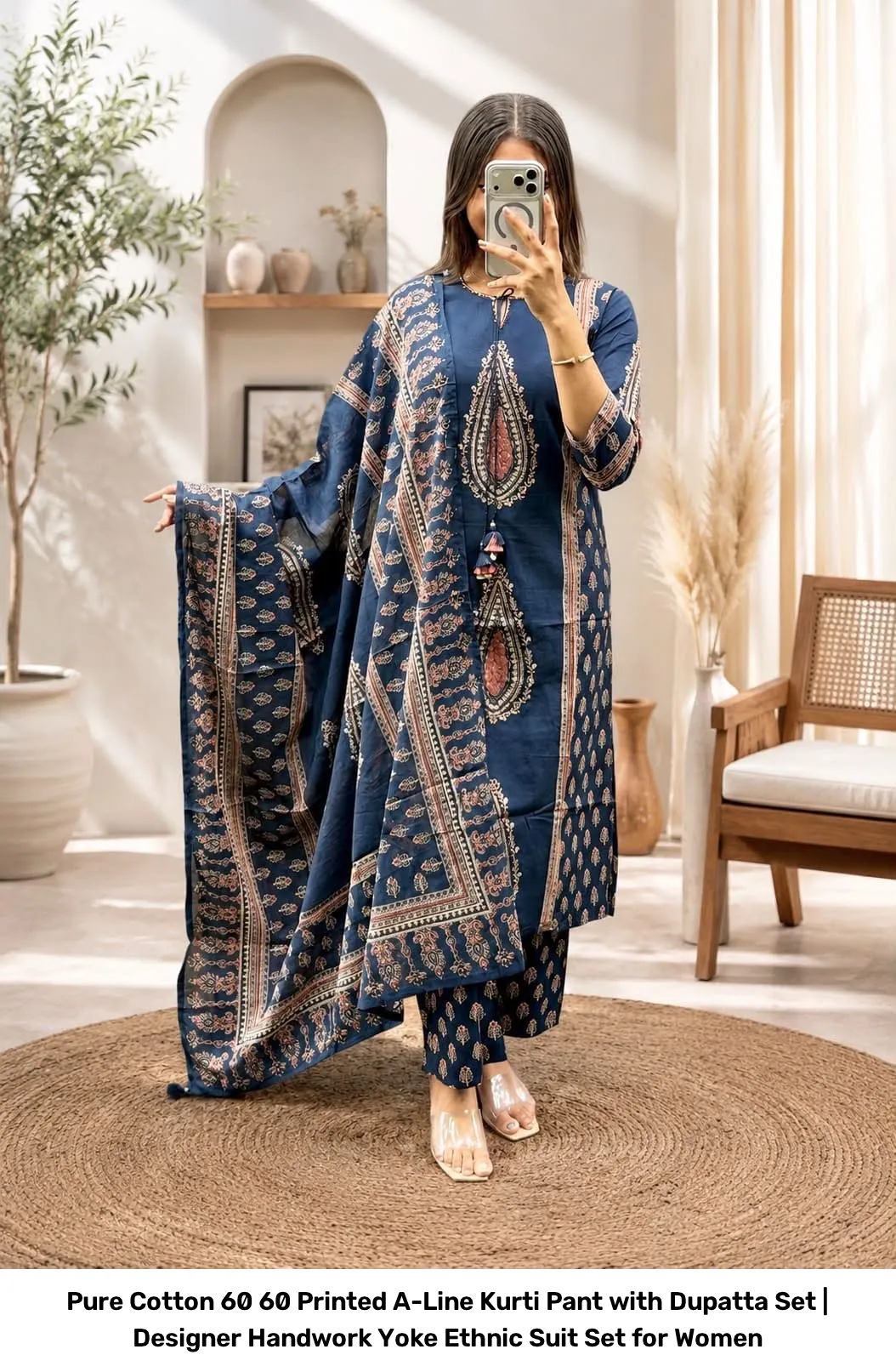 Pure Cotton 60 60 Printed A-Line Kurti Pant with Dupatta Set | Designer Handwork Yoke Ethnic Suit Set for Women 12