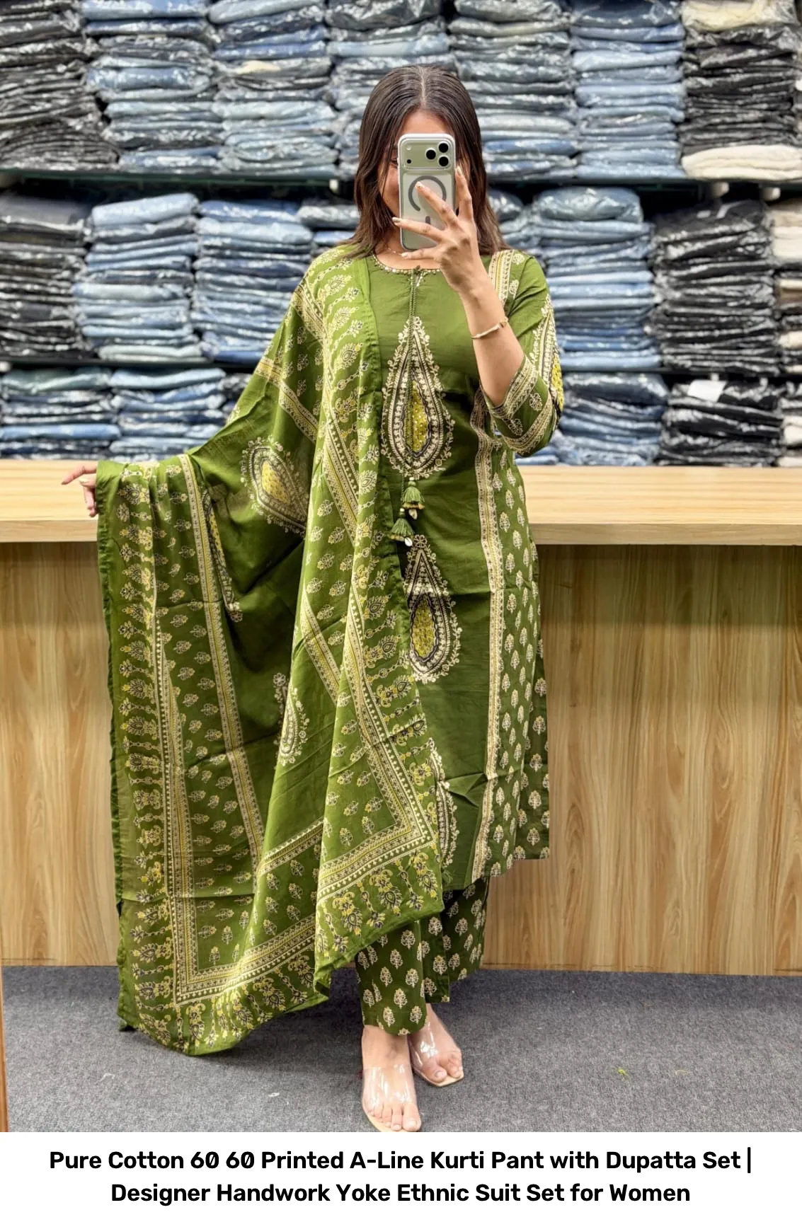 Pure Cotton 60 60 Printed A-Line Kurti Pant with Dupatta Set | Designer Handwork Yoke Ethnic Suit Set for Women 13