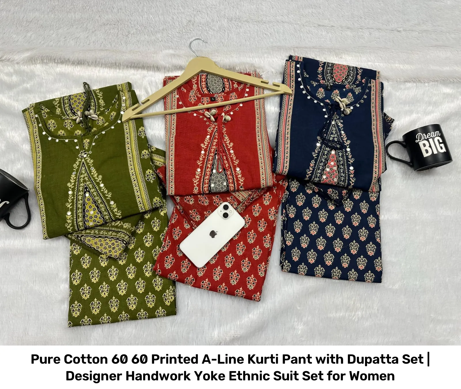 Pure Cotton 60 60 Printed A-Line Kurti Pant with Dupatta Set | Designer Handwork Yoke Ethnic Suit Set for Women 14