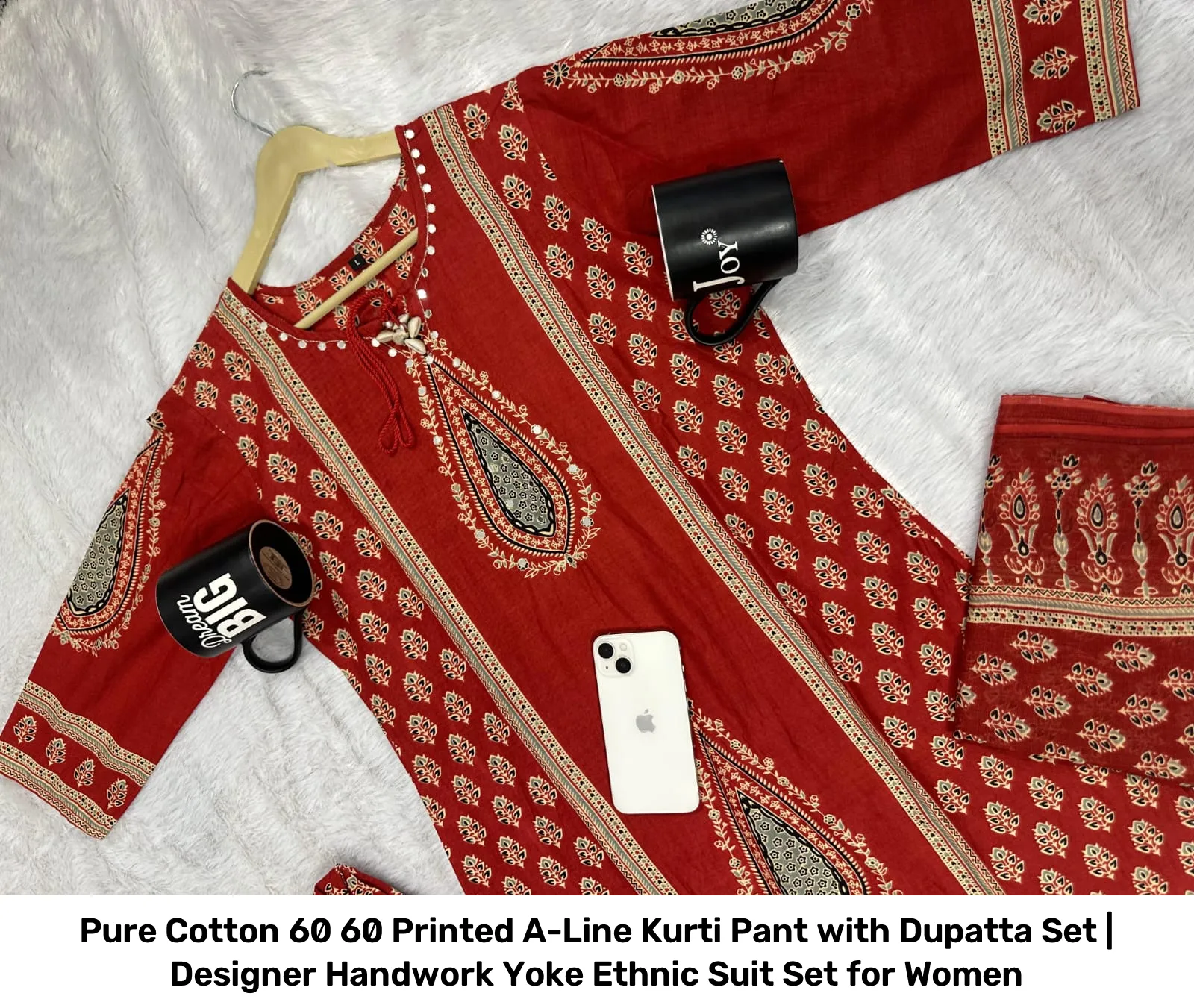 Pure Cotton 60 60 Printed A-Line Kurti Pant with Dupatta Set | Designer Handwork Yoke Ethnic Suit Set for Women 15