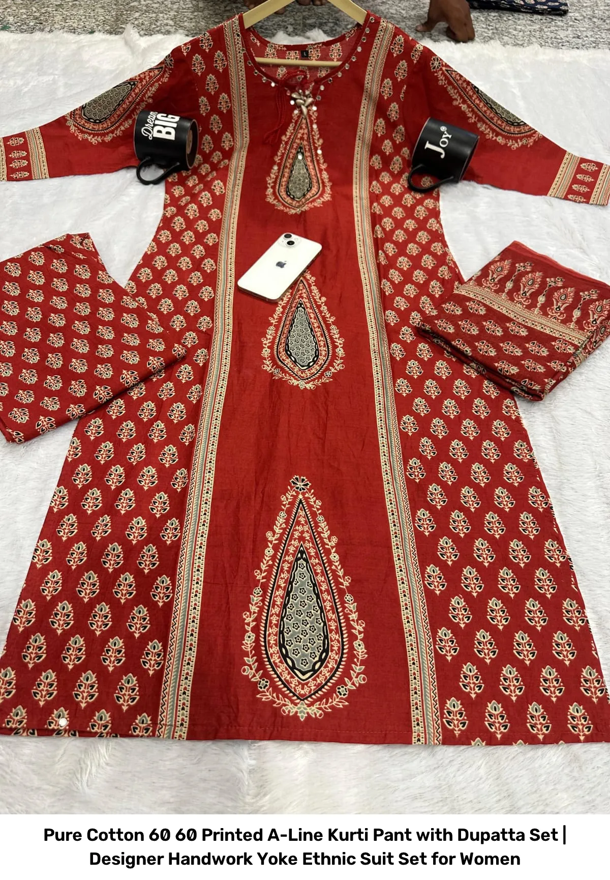 Pure Cotton 60 60 Printed A-Line Kurti Pant with Dupatta Set | Designer Handwork Yoke Ethnic Suit Set for Women 16