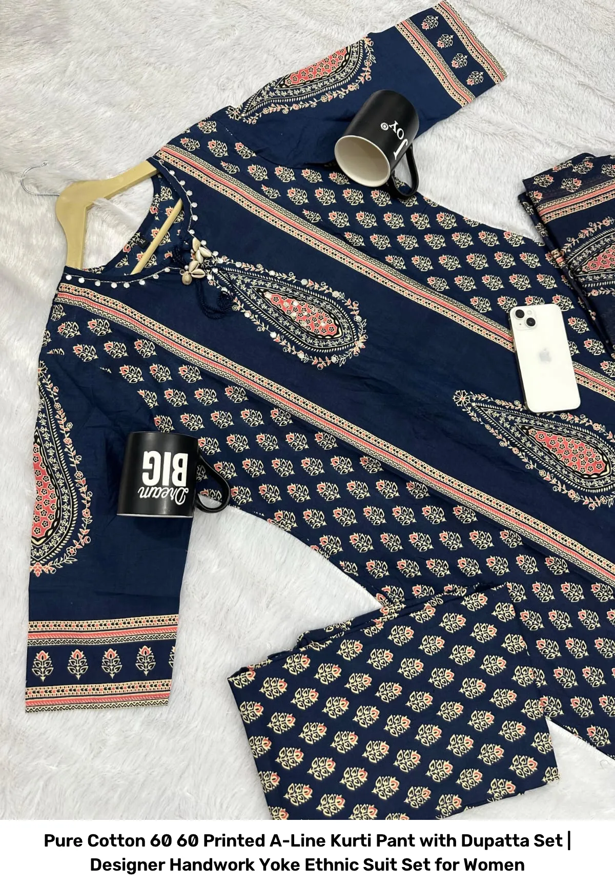 Pure Cotton 60 60 Printed A-Line Kurti Pant with Dupatta Set | Designer Handwork Yoke Ethnic Suit Set for Women 17