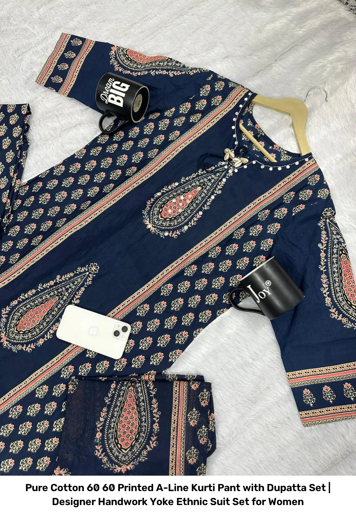 Pure Cotton 60 60 Printed A-Line Kurti Pant with Dupatta Set | Designer Handwork Yoke Ethnic Suit Set for Women 2