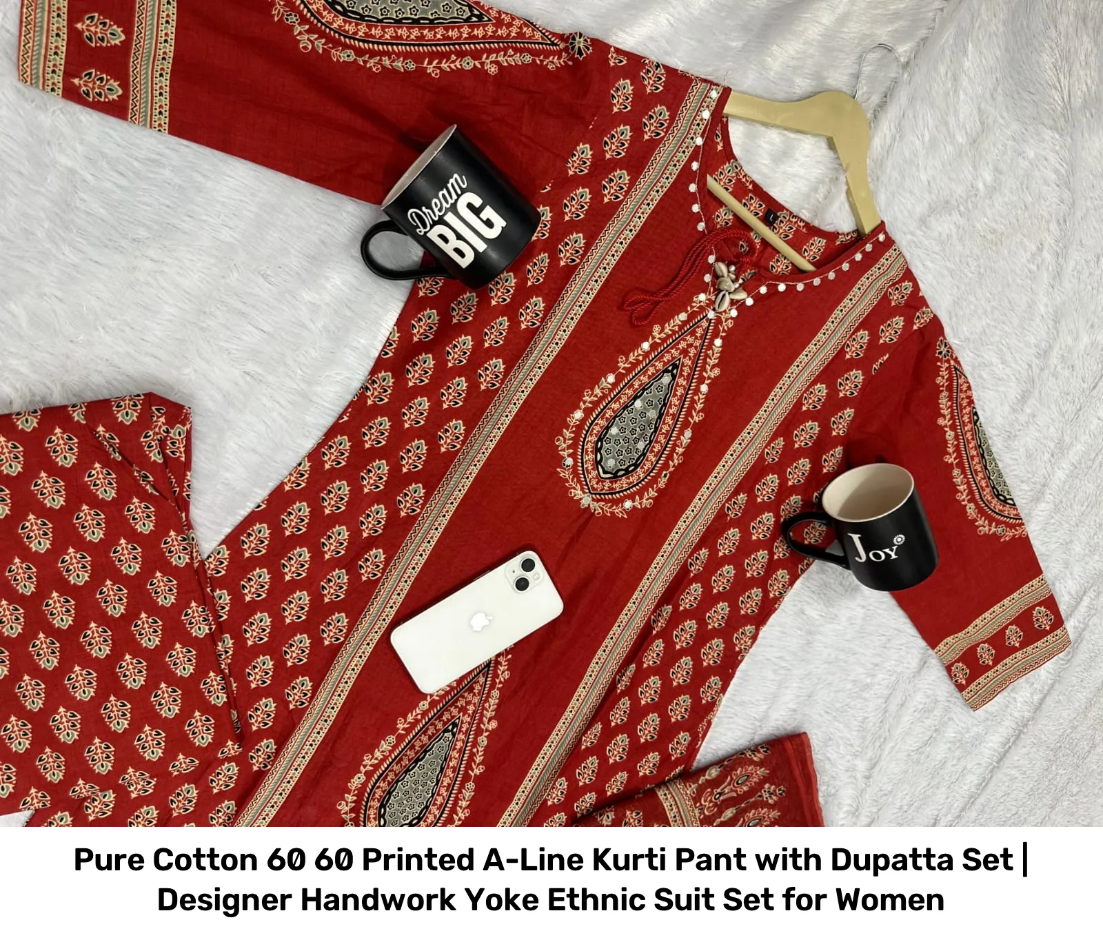 Pure Cotton 60 60 Printed A-Line Kurti Pant with Dupatta Set | Designer Handwork Yoke Ethnic Suit Set for Women 3