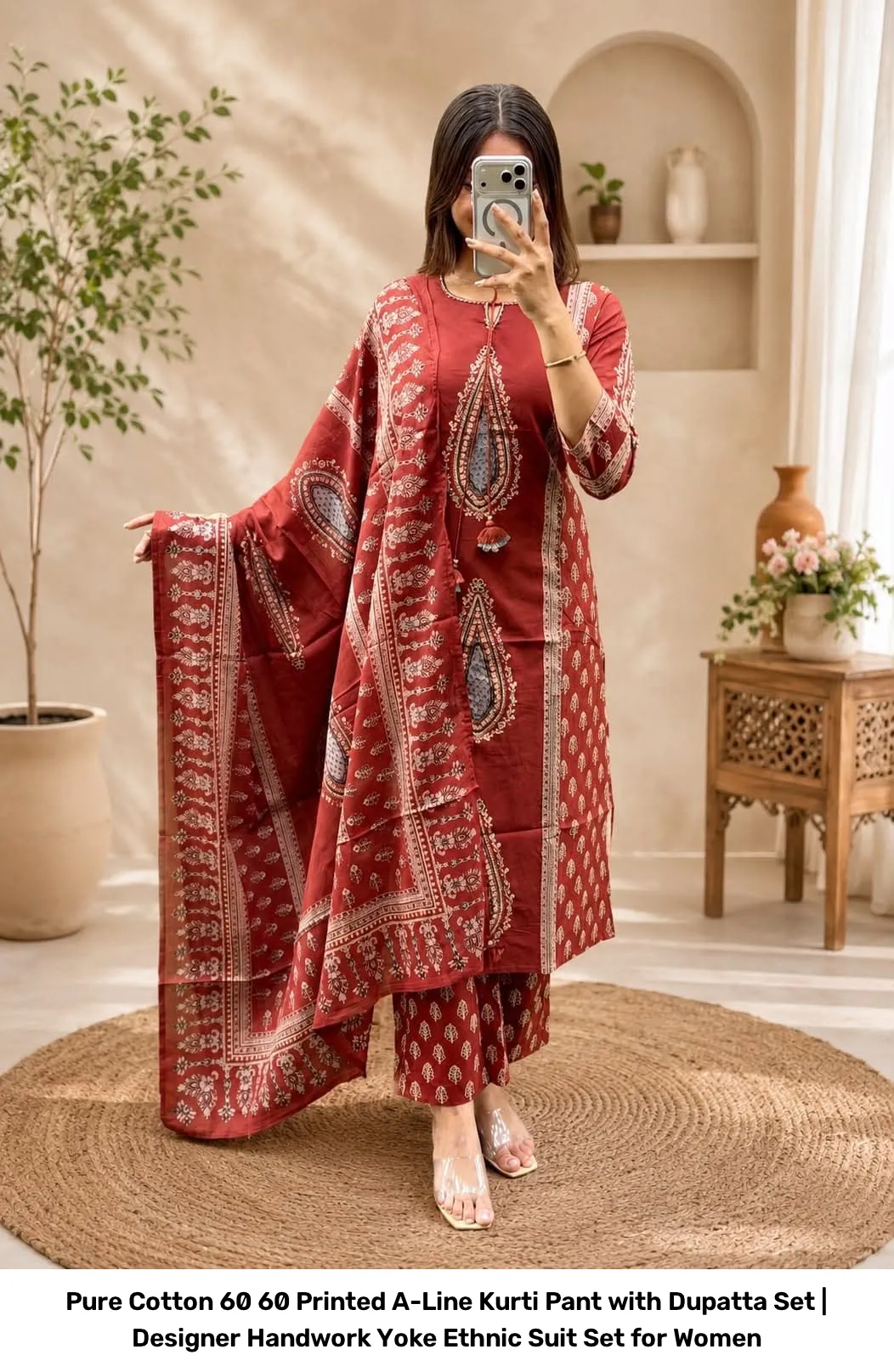 Pure Cotton 60 60 Printed A-Line Kurti Pant with Dupatta Set | Designer Handwork Yoke Ethnic Suit Set for Women 4