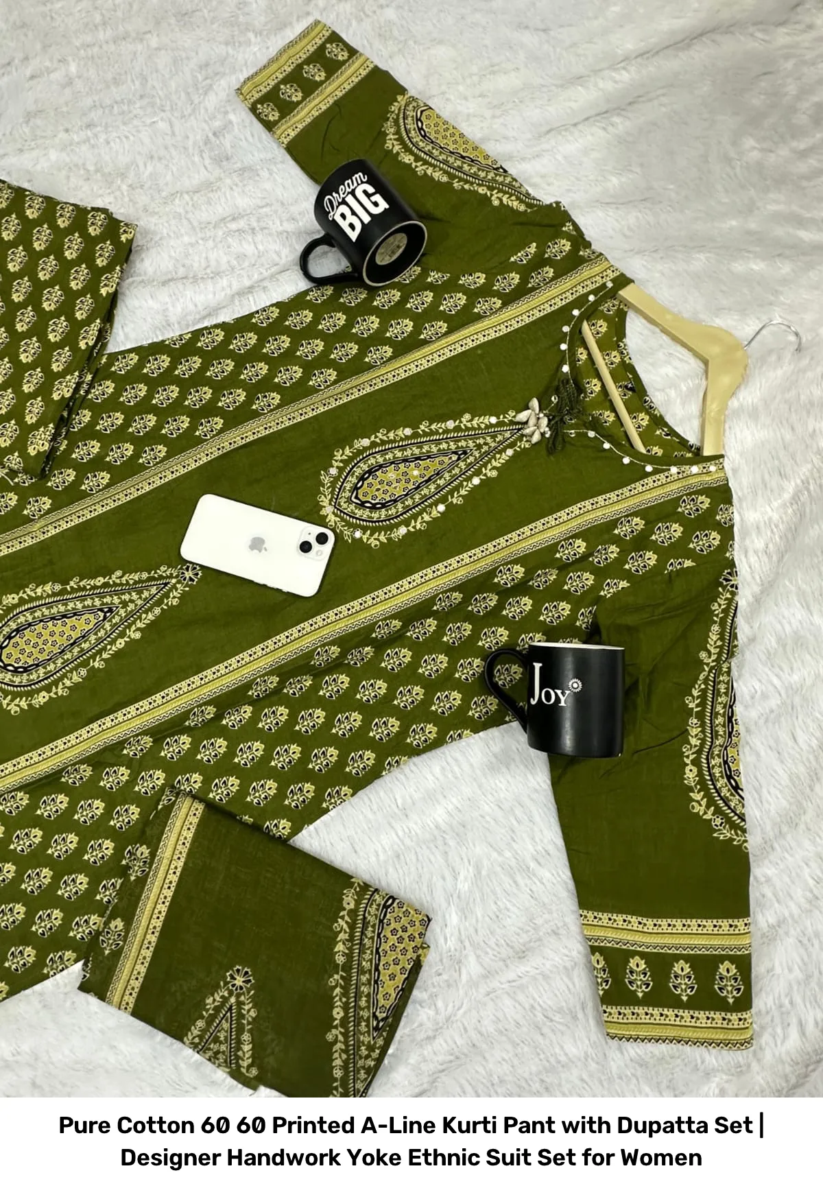 Pure Cotton 60 60 Printed A-Line Kurti Pant with Dupatta Set | Designer Handwork Yoke Ethnic Suit Set for Women 5