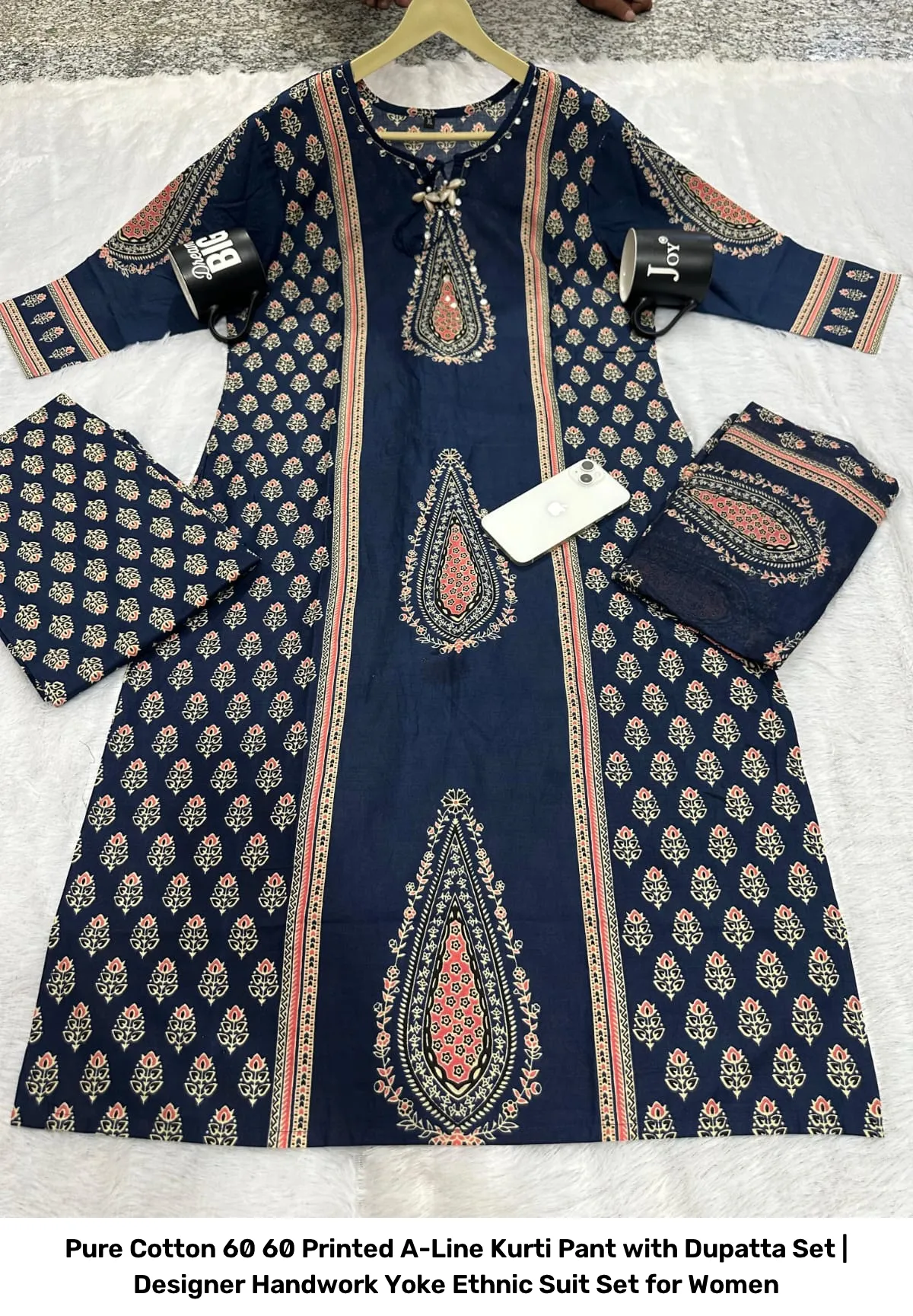 Pure Cotton 60 60 Printed A-Line Kurti Pant with Dupatta Set | Designer Handwork Yoke Ethnic Suit Set for Women 6