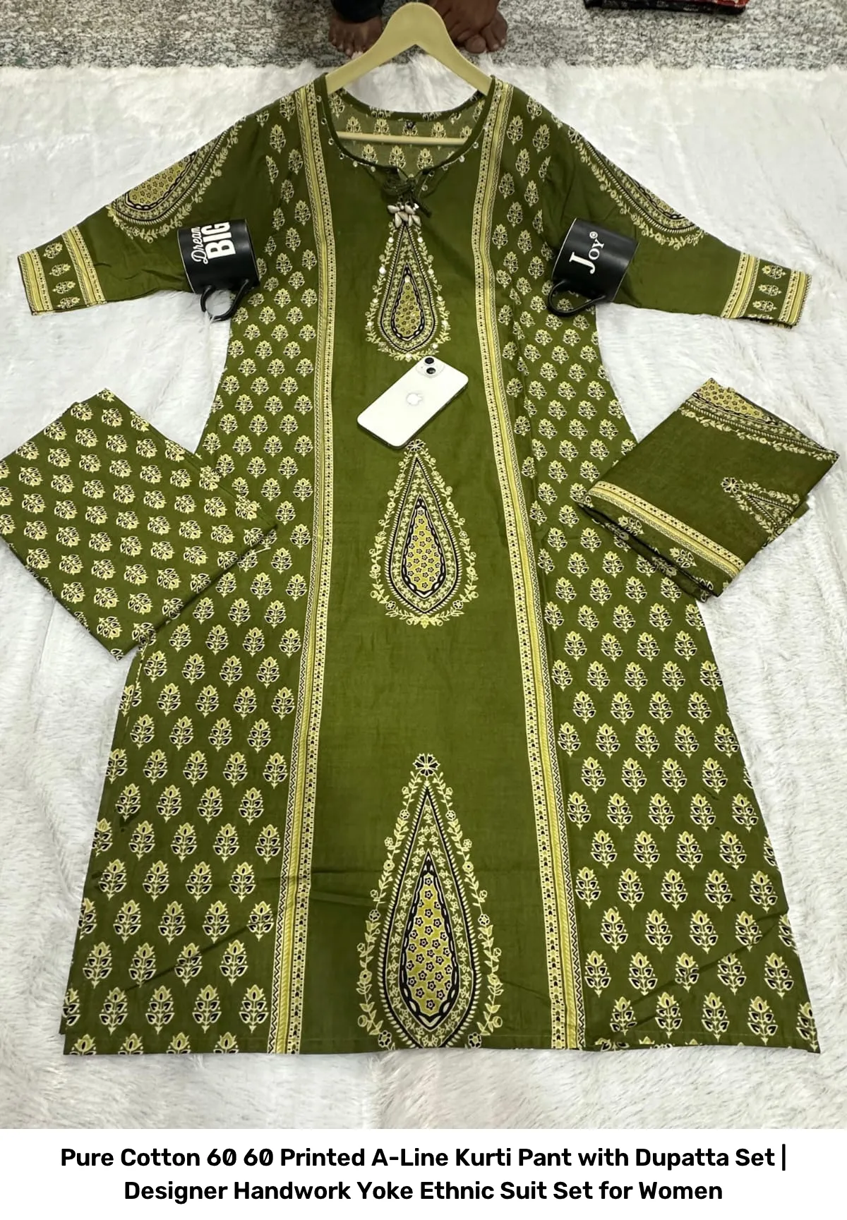 Pure Cotton 60 60 Printed A-Line Kurti Pant with Dupatta Set | Designer Handwork Yoke Ethnic Suit Set for Women 7