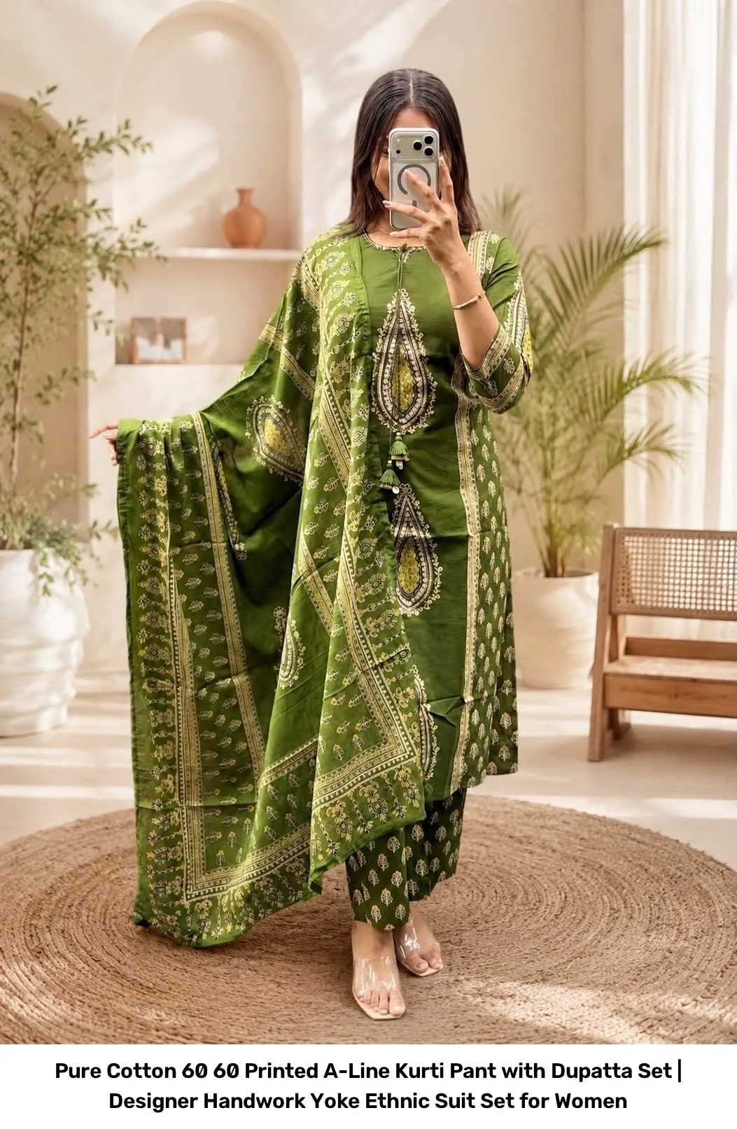 Pure Cotton 60 60 Printed A-Line Kurti Pant with Dupatta Set | Designer Handwork Yoke Ethnic Suit Set for Women 8