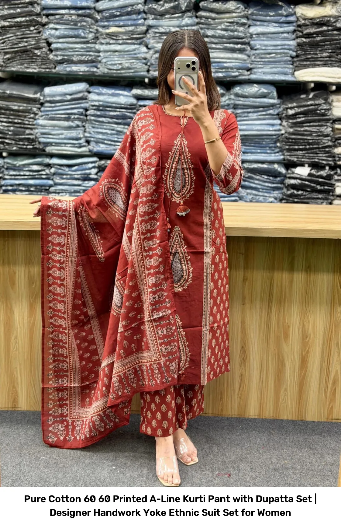 Pure Cotton 60 60 Printed A-Line Kurti Pant with Dupatta Set | Designer Handwork Yoke Ethnic Suit Set for Women 9