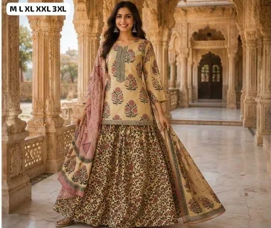 Pure Cotton 60x60 Gopi Dress Set – Handwork Short Kurti with Flared Skirt & Mal Cotton Dupatta
