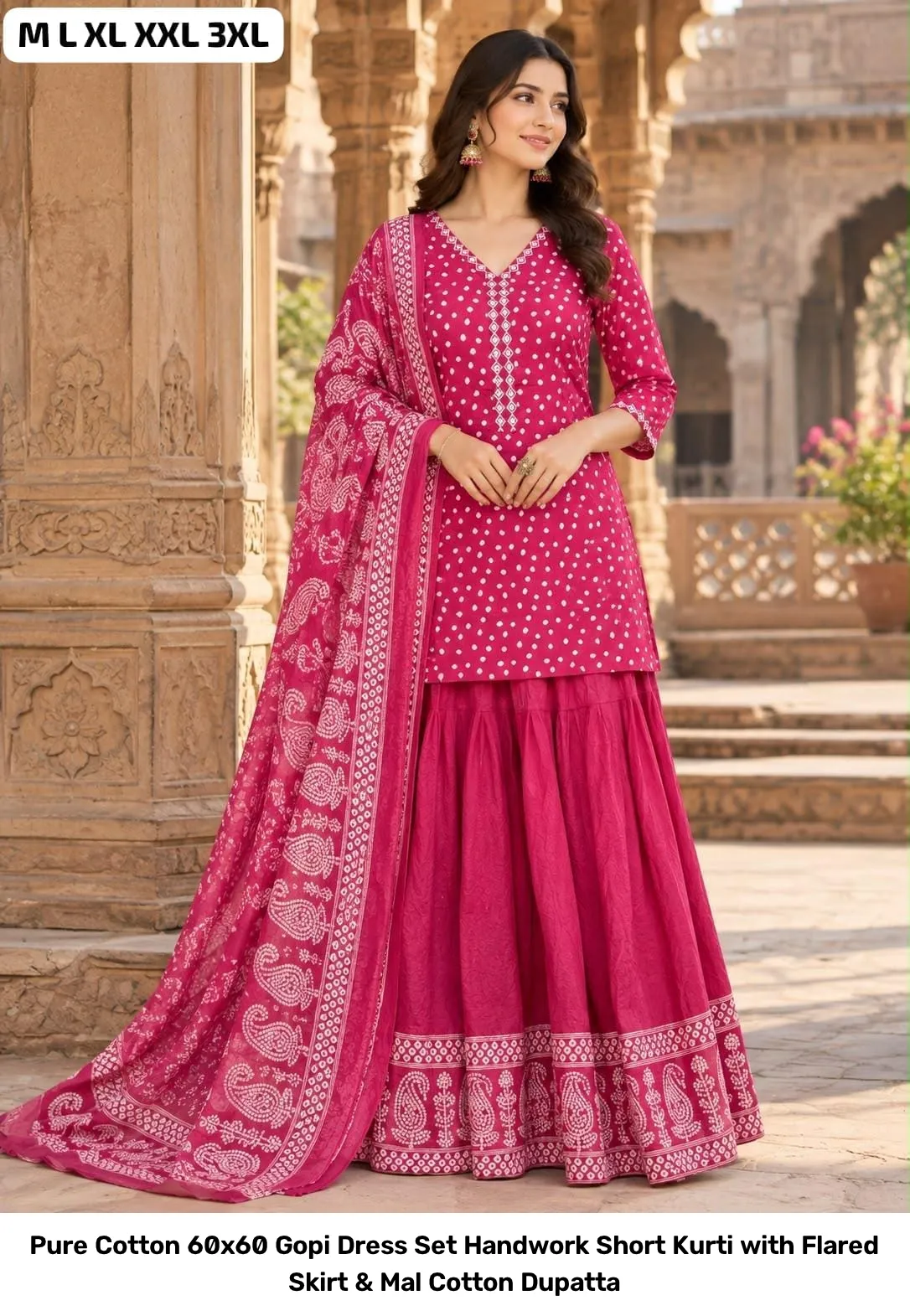 Pure Cotton 60x60 Gopi Dress Set – Handwork Short Kurti with Flared Skirt & Mal Cotton Dupatta 2