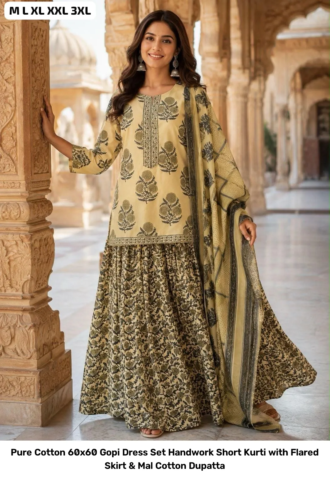 Pure Cotton 60x60 Gopi Dress Set – Handwork Short Kurti with Flared Skirt & Mal Cotton Dupatta 3