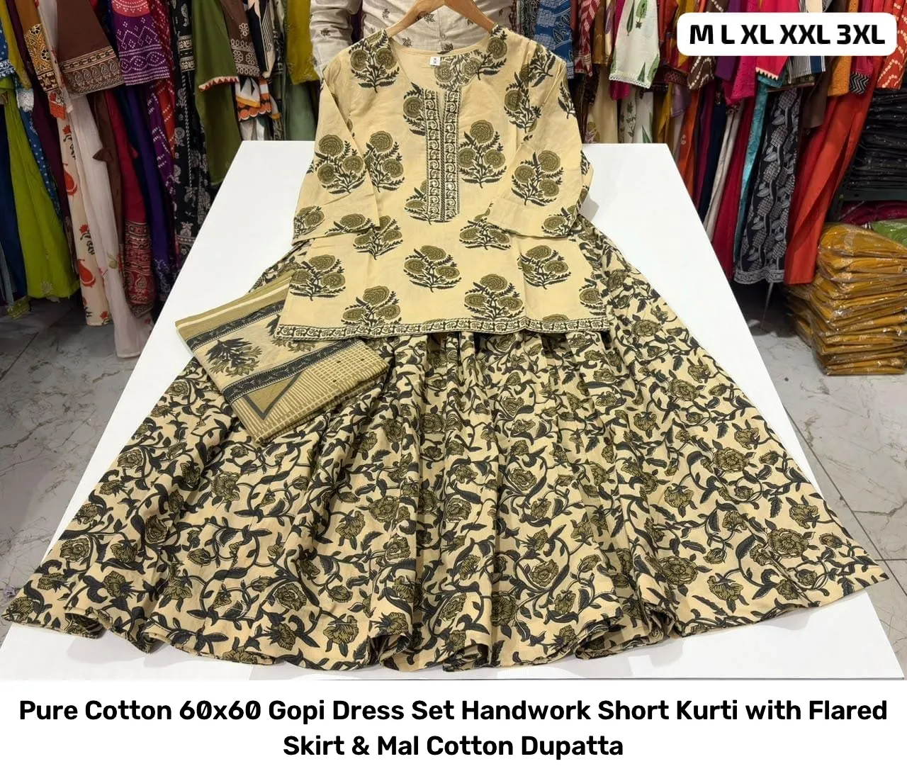 Pure Cotton 60x60 Gopi Dress Set – Handwork Short Kurti with Flared Skirt & Mal Cotton Dupatta 4