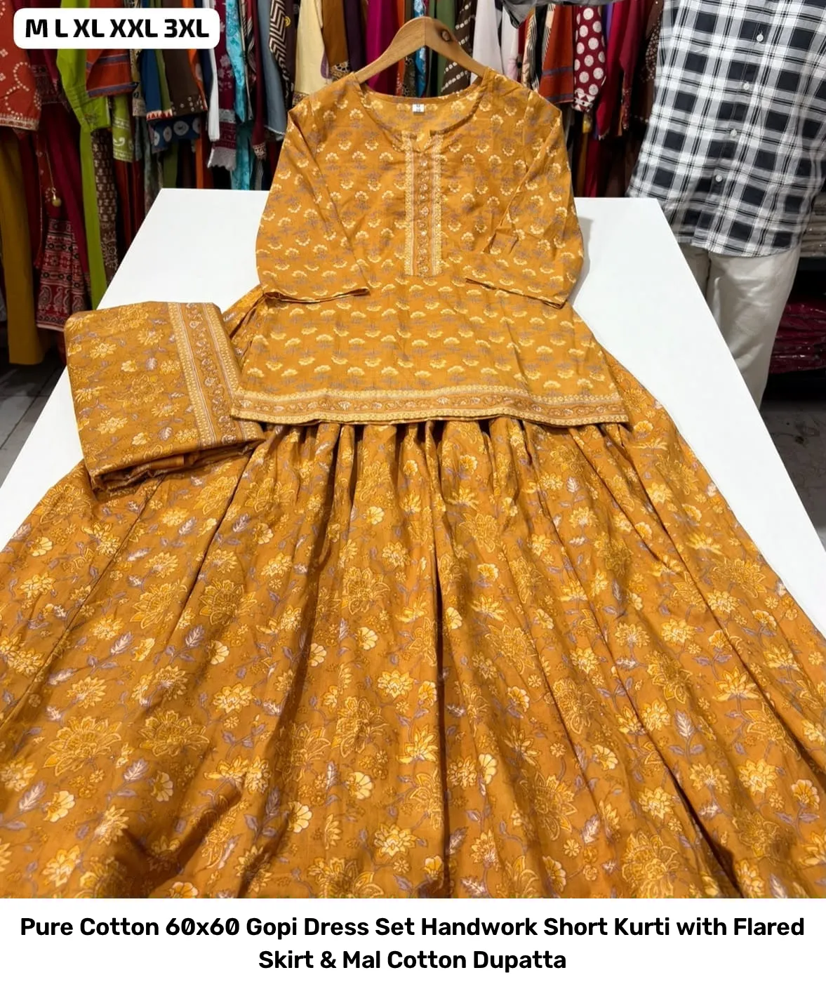 Pure Cotton 60x60 Gopi Dress Set – Handwork Short Kurti with Flared Skirt & Mal Cotton Dupatta 5