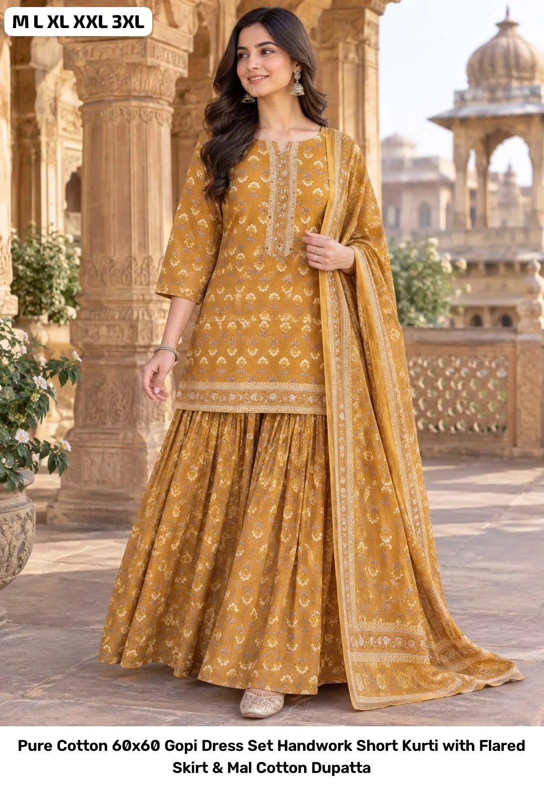 Pure Cotton 60x60 Gopi Dress Set – Handwork Short Kurti with Flared Skirt & Mal Cotton Dupatta 6
