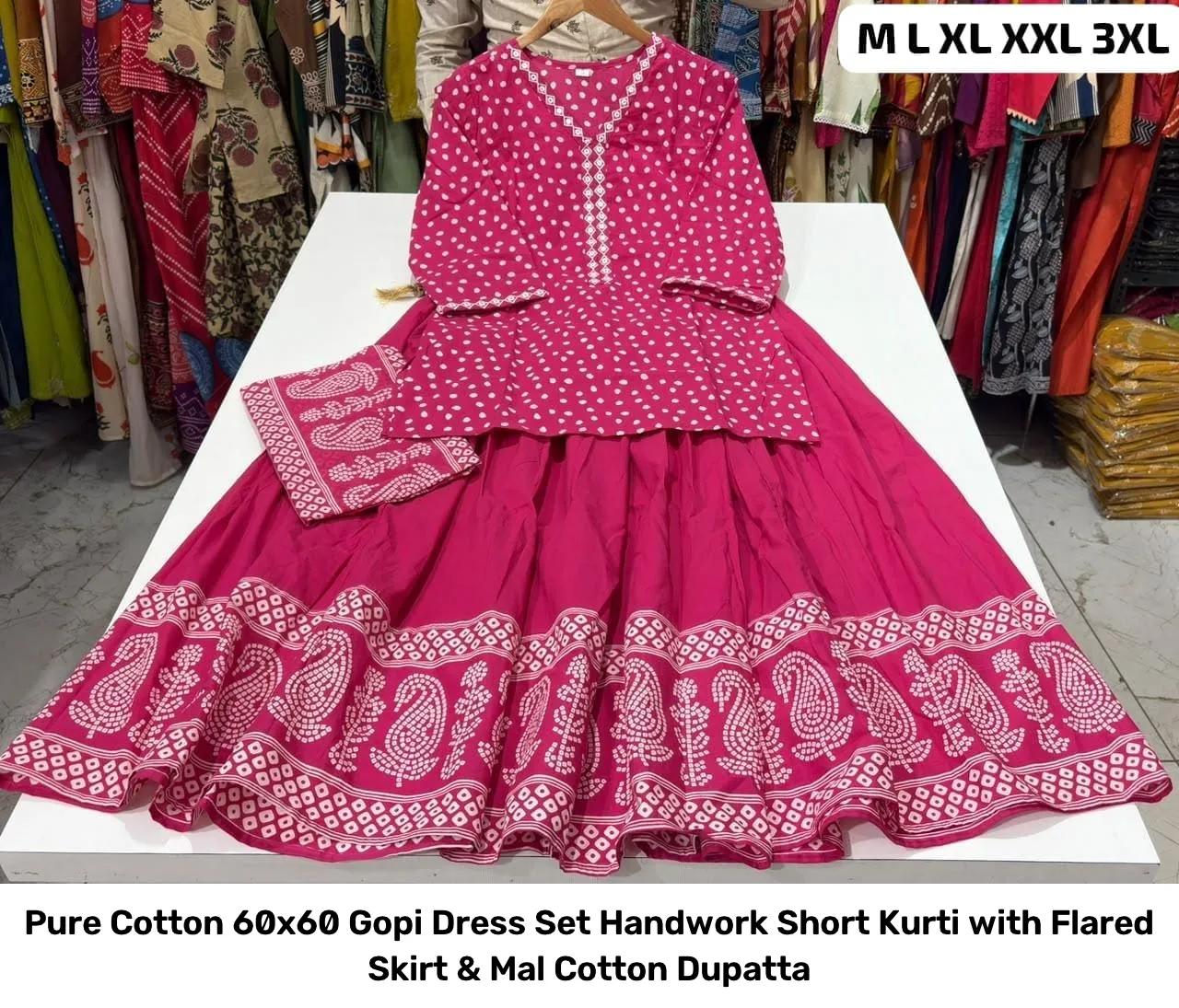 Pure Cotton 60x60 Gopi Dress Set – Handwork Short Kurti with Flared Skirt & Mal Cotton Dupatta 7