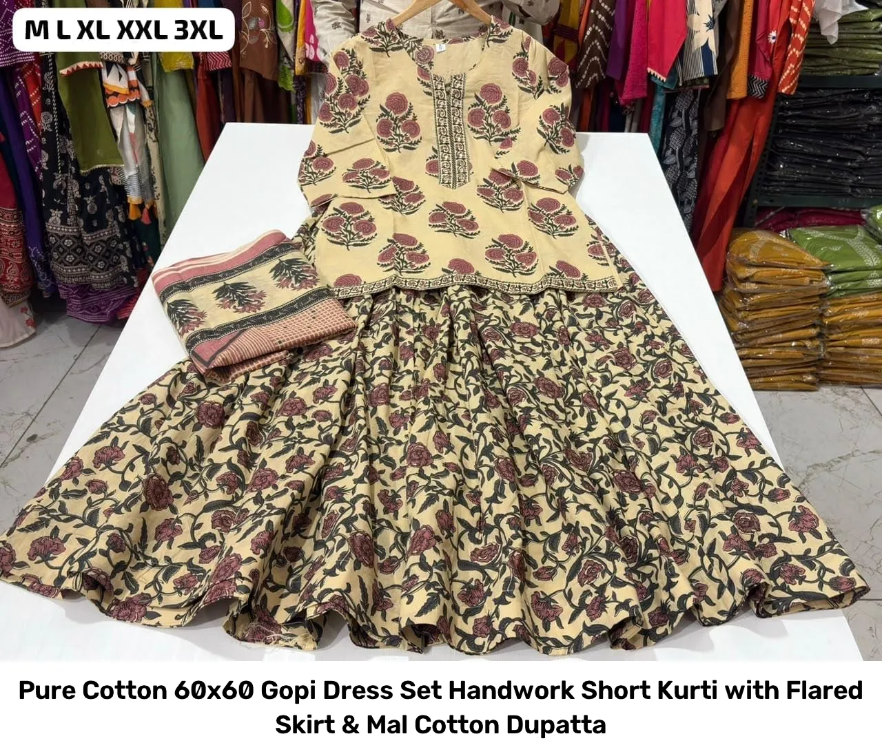 Pure Cotton 60x60 Gopi Dress Set – Handwork Short Kurti with Flared Skirt & Mal Cotton Dupatta 8