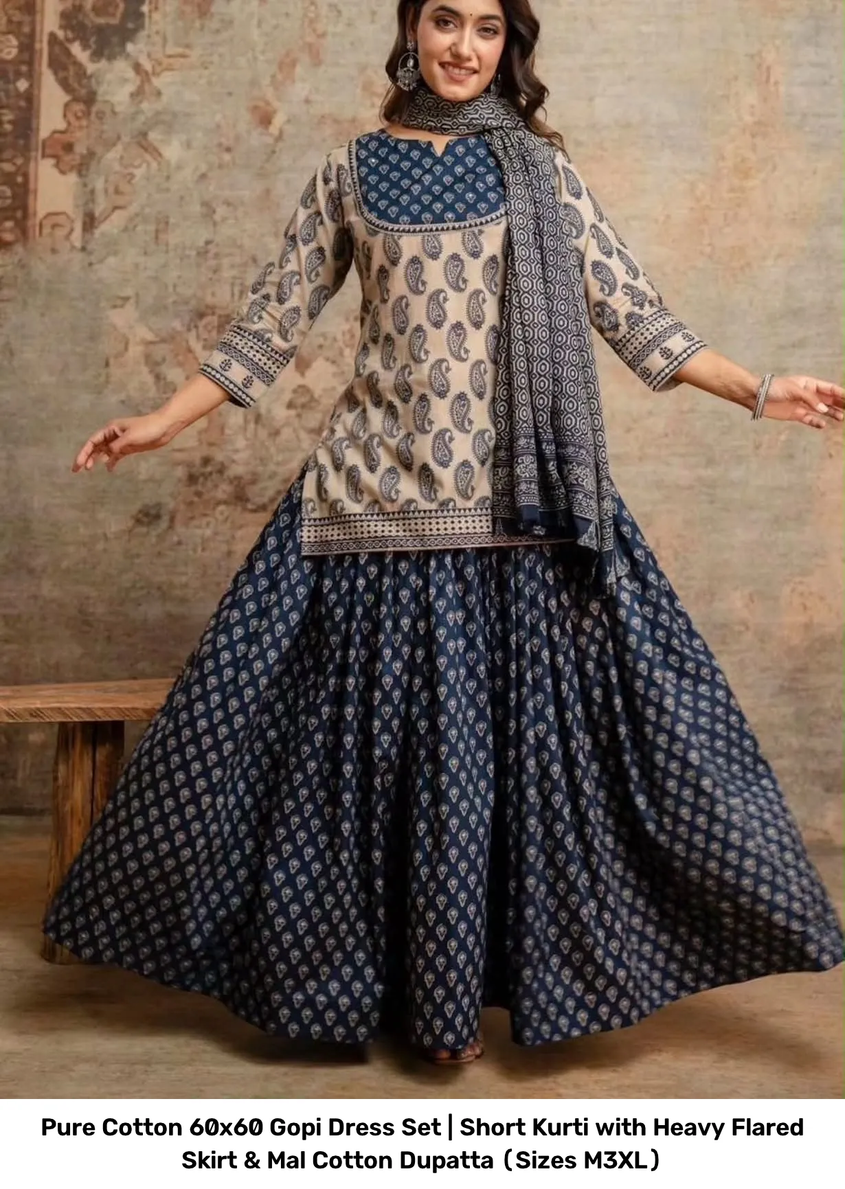 Pure Cotton 60x60 Gopi Dress Set | Short Kurti with Heavy Flared Skirt & Mal Cotton Dupatta (Sizes M–3XL) 10