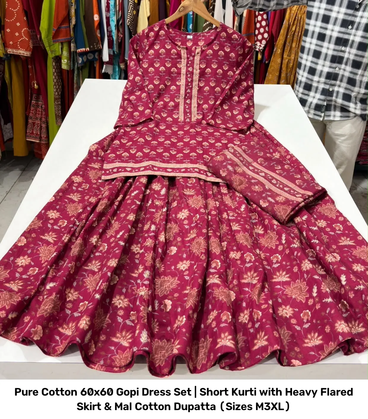 Pure Cotton 60x60 Gopi Dress Set | Short Kurti with Heavy Flared Skirt & Mal Cotton Dupatta (Sizes M–3XL) 11