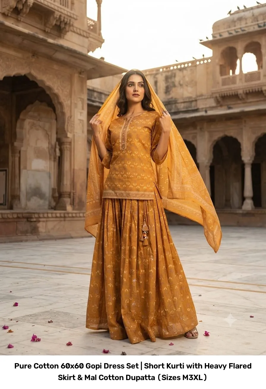 Pure Cotton 60x60 Gopi Dress Set | Short Kurti with Heavy Flared Skirt & Mal Cotton Dupatta (Sizes M–3XL) 12