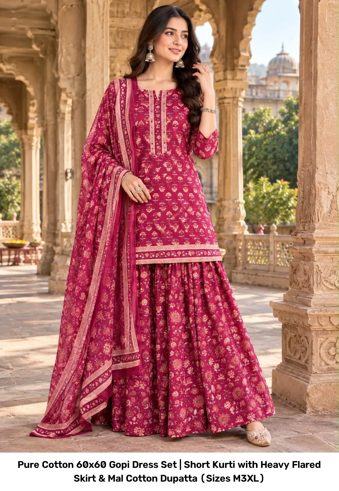 Pure Cotton 60x60 Gopi Dress Set | Short Kurti with Heavy Flared Skirt & Mal Cotton Dupatta (Sizes M–3XL) 13