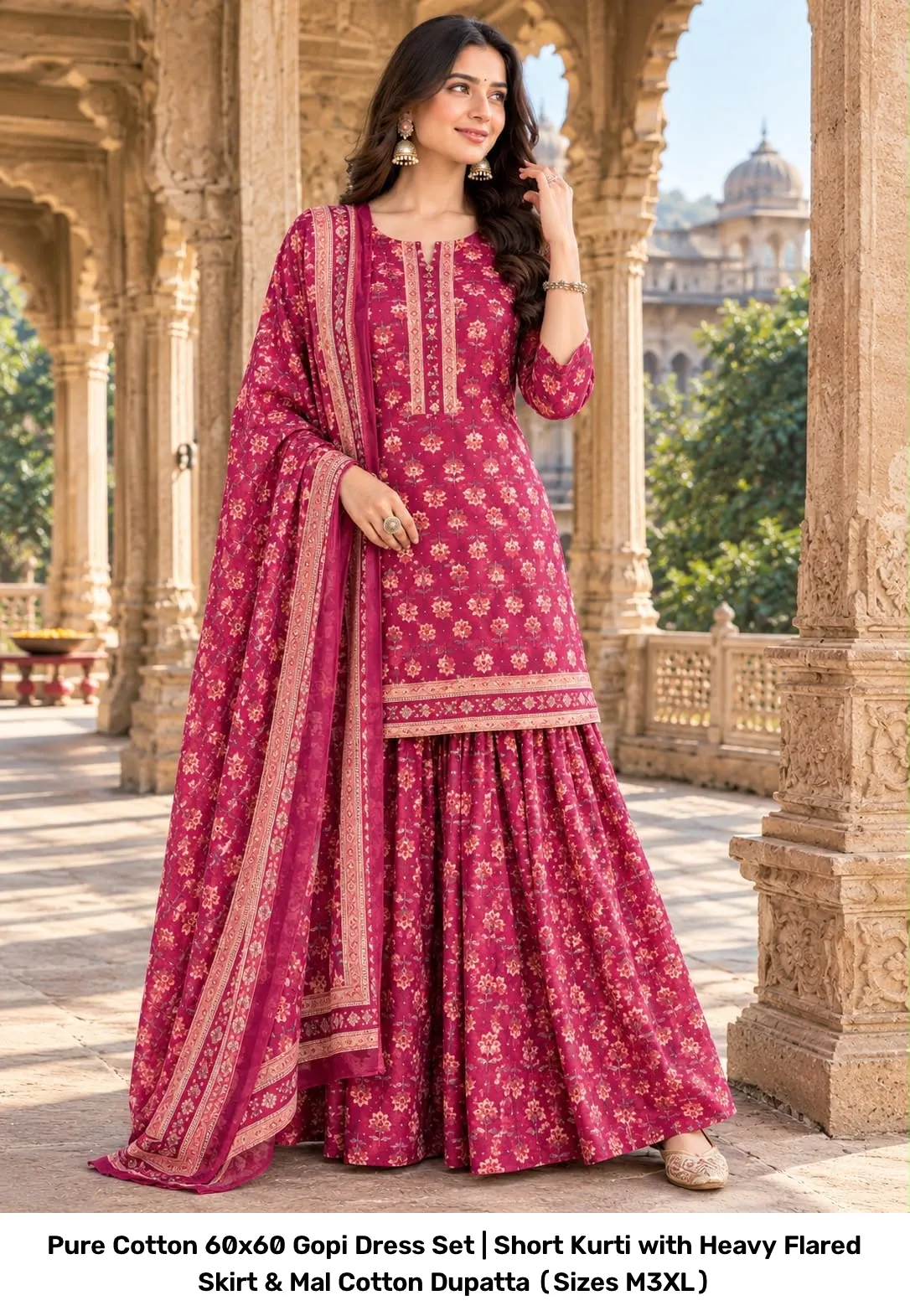 Pure Cotton 60x60 Gopi Dress Set | Short Kurti with Heavy Flared Skirt & Mal Cotton Dupatta (Sizes M–3XL) 2