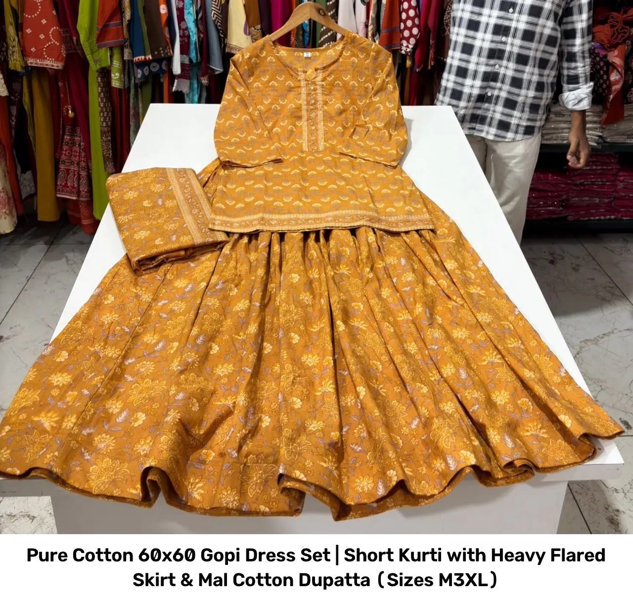 Pure Cotton 60x60 Gopi Dress Set | Short Kurti with Heavy Flared Skirt & Mal Cotton Dupatta (Sizes M–3XL) 3