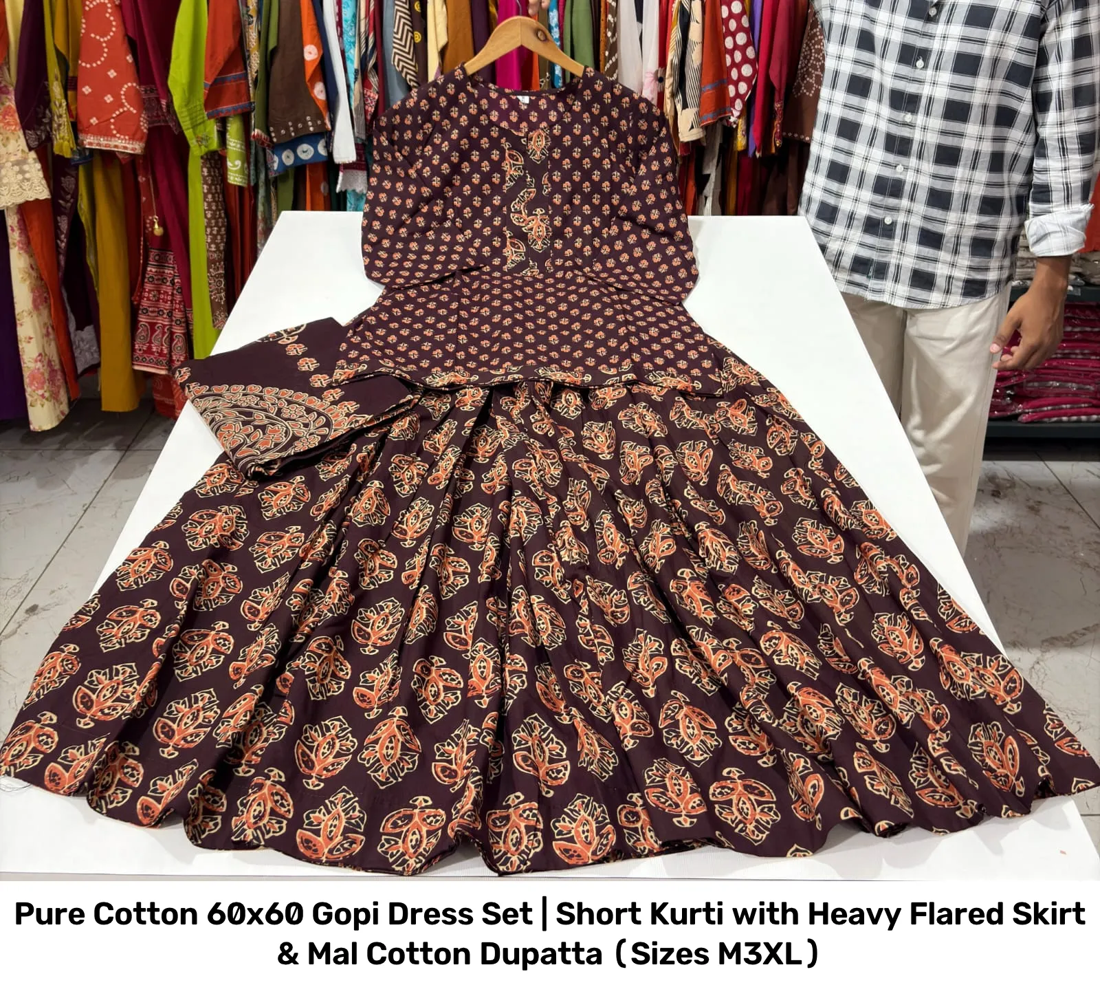 Pure Cotton 60x60 Gopi Dress Set | Short Kurti with Heavy Flared Skirt & Mal Cotton Dupatta (Sizes M–3XL) 4