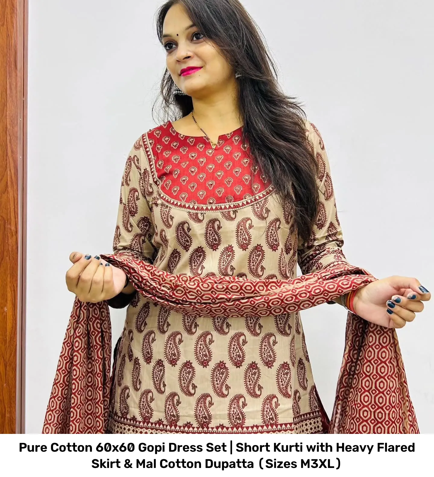 Pure Cotton 60x60 Gopi Dress Set | Short Kurti with Heavy Flared Skirt & Mal Cotton Dupatta (Sizes M–3XL) 5
