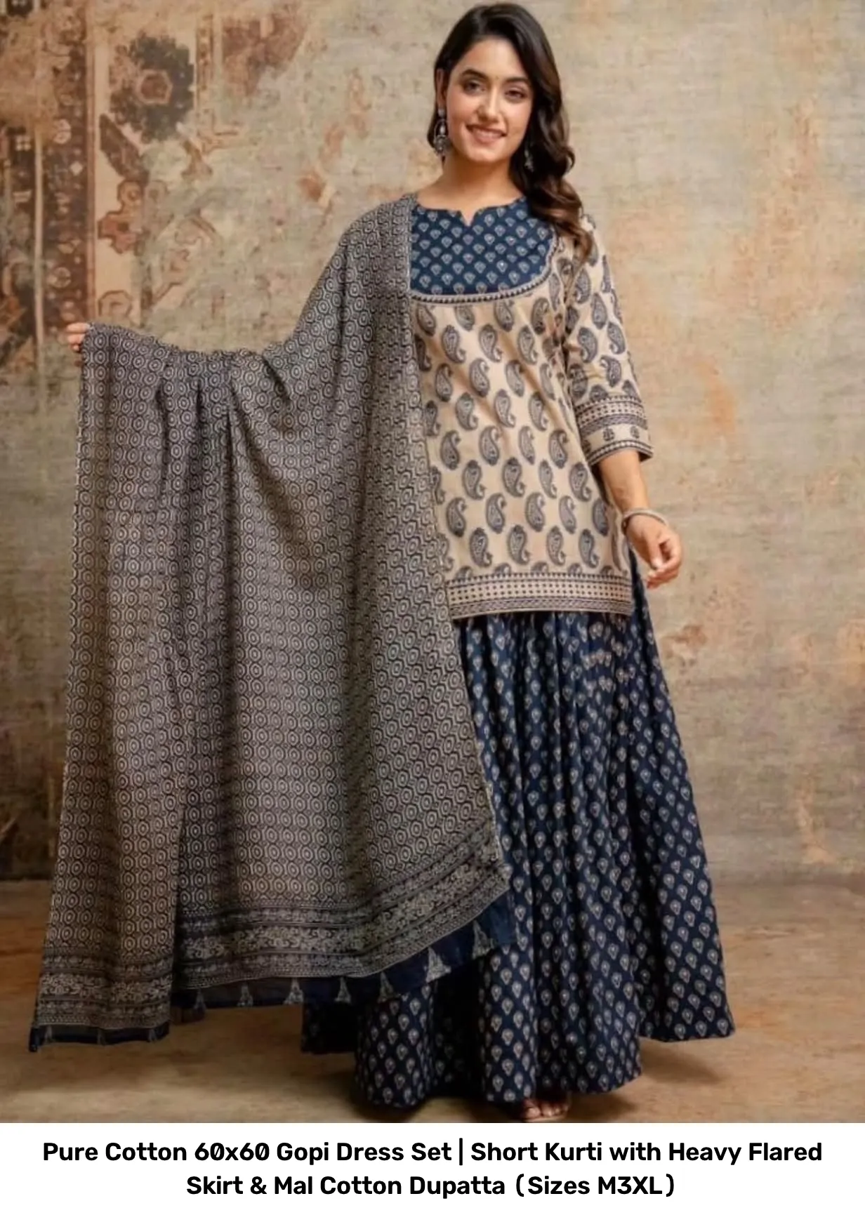 Pure Cotton 60x60 Gopi Dress Set | Short Kurti with Heavy Flared Skirt & Mal Cotton Dupatta (Sizes M–3XL) 6