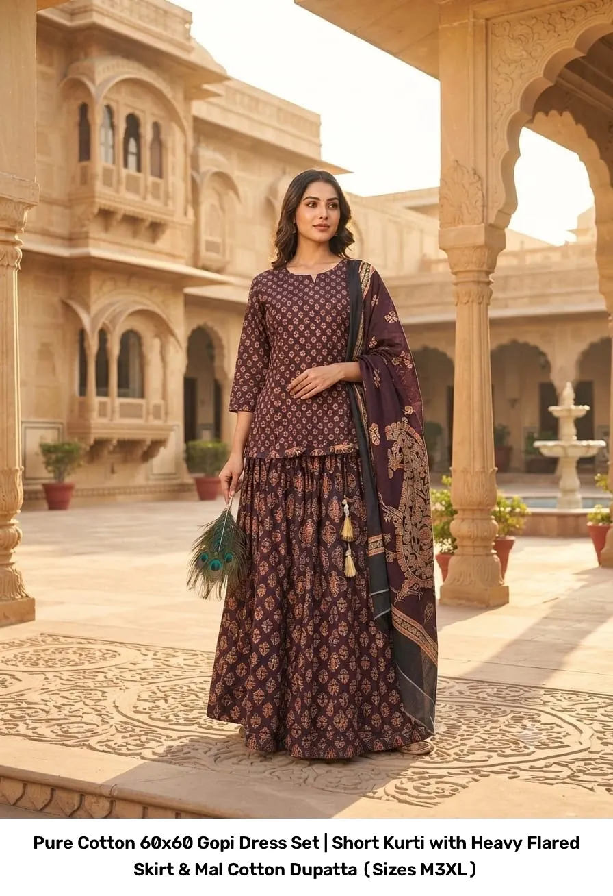 Pure Cotton 60x60 Gopi Dress Set | Short Kurti with Heavy Flared Skirt & Mal Cotton Dupatta (Sizes M–3XL) 7