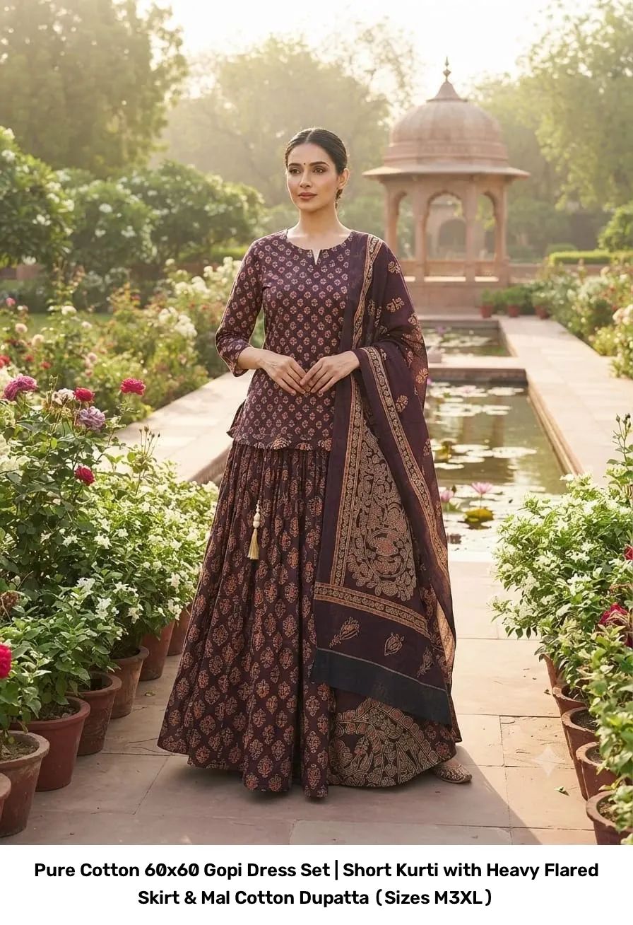 Pure Cotton 60x60 Gopi Dress Set | Short Kurti with Heavy Flared Skirt & Mal Cotton Dupatta (Sizes M–3XL) 9