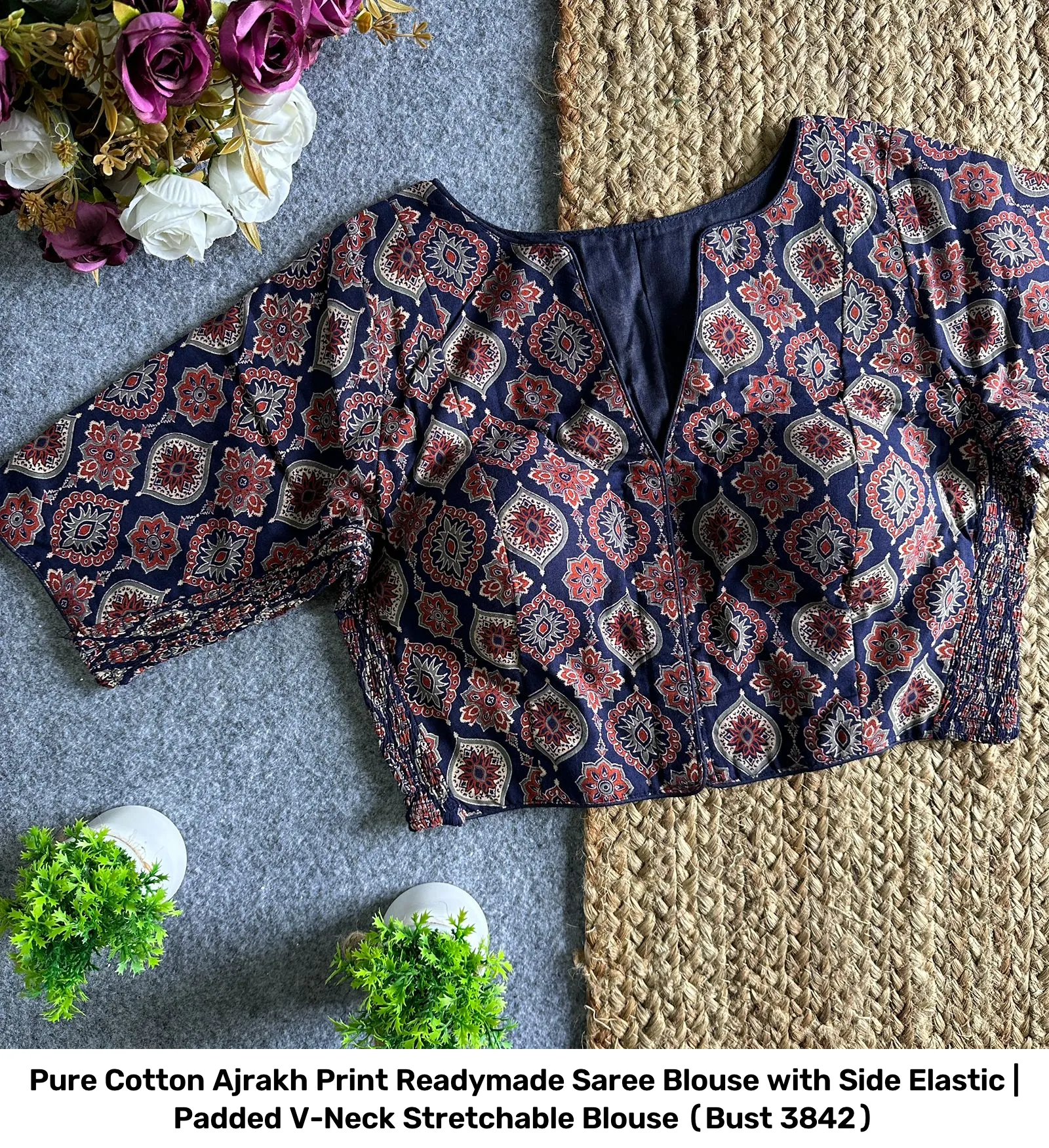 Pure Cotton Ajrakh Print Readymade Saree Blouse with Side Elastic | Padded V-Neck Stretchable Blouse (Bust 38–42) 10