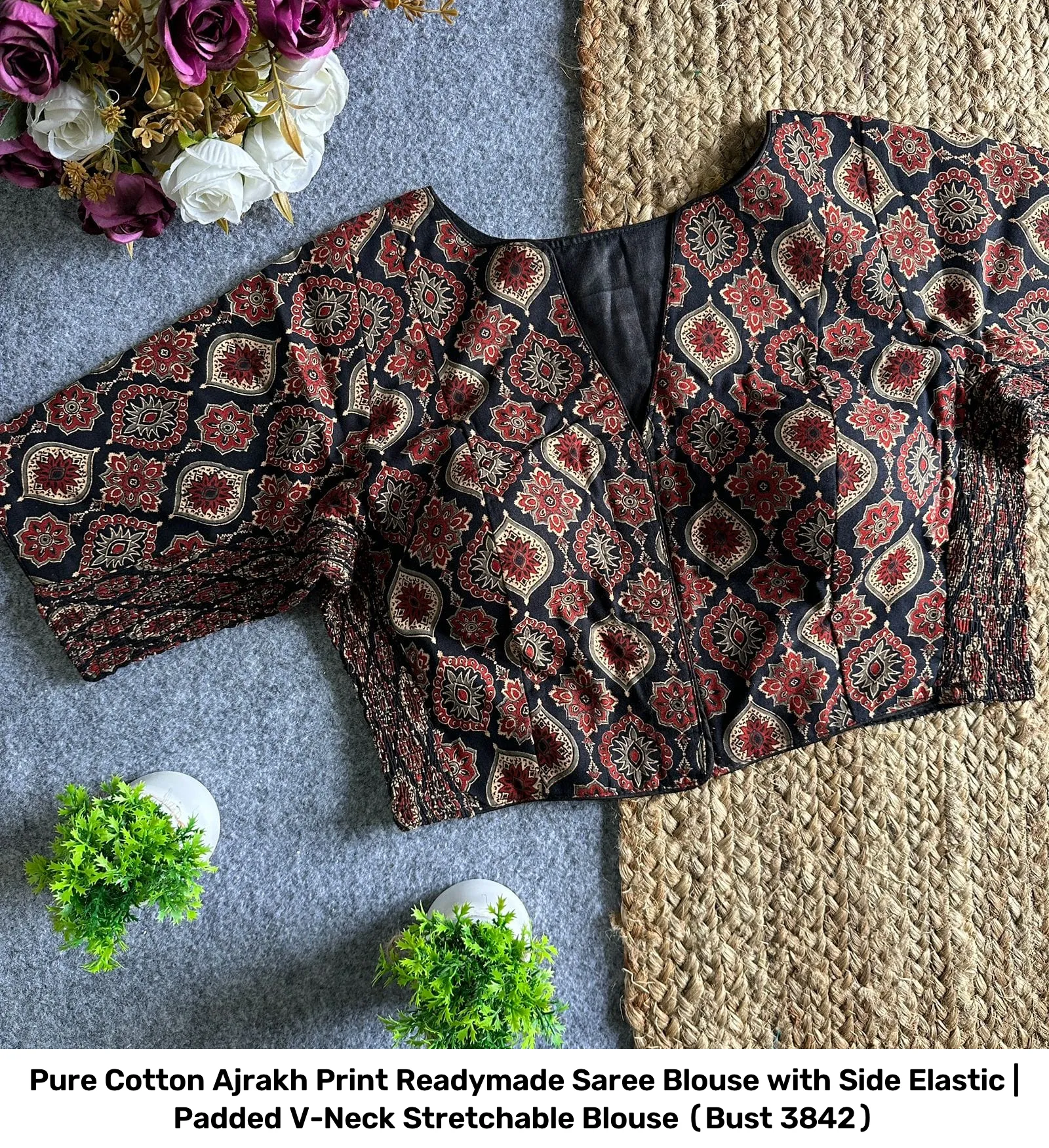 Pure Cotton Ajrakh Print Readymade Saree Blouse with Side Elastic | Padded V-Neck Stretchable Blouse (Bust 38–42) 2