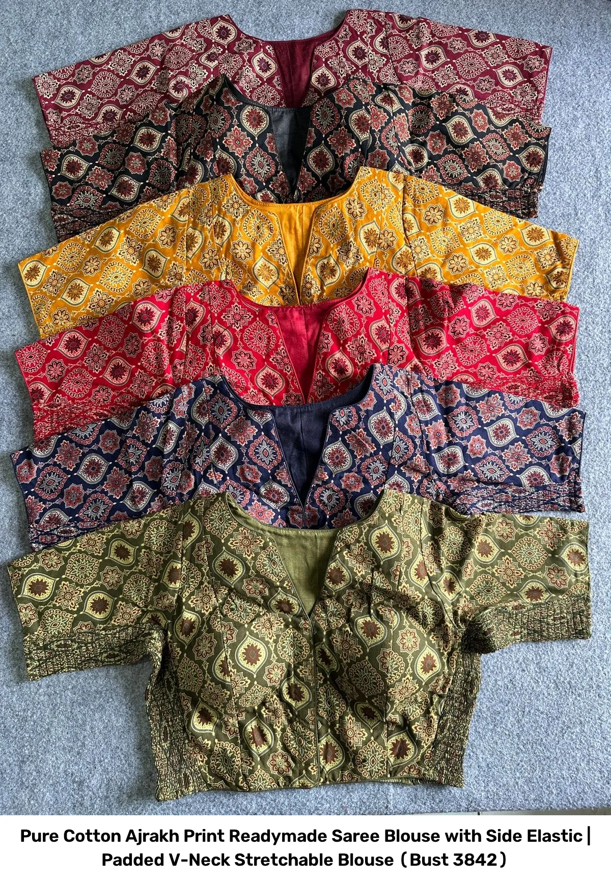 Pure Cotton Ajrakh Print Readymade Saree Blouse with Side Elastic | Padded V-Neck Stretchable Blouse (Bust 38–42) 4
