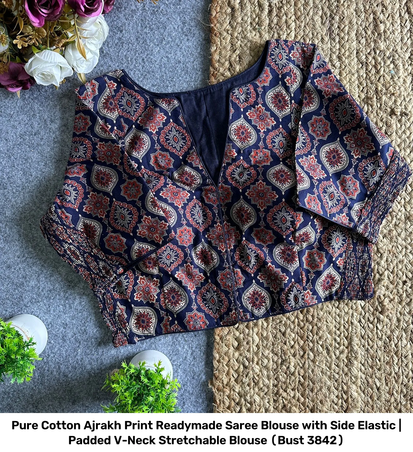 Pure Cotton Ajrakh Print Readymade Saree Blouse with Side Elastic | Padded V-Neck Stretchable Blouse (Bust 38–42) 5