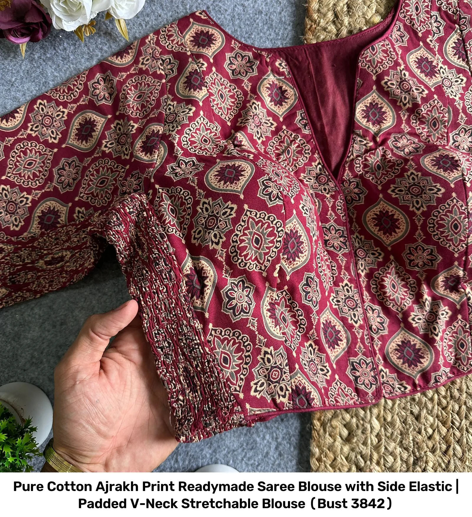 Pure Cotton Ajrakh Print Readymade Saree Blouse with Side Elastic | Padded V-Neck Stretchable Blouse (Bust 38–42) 7