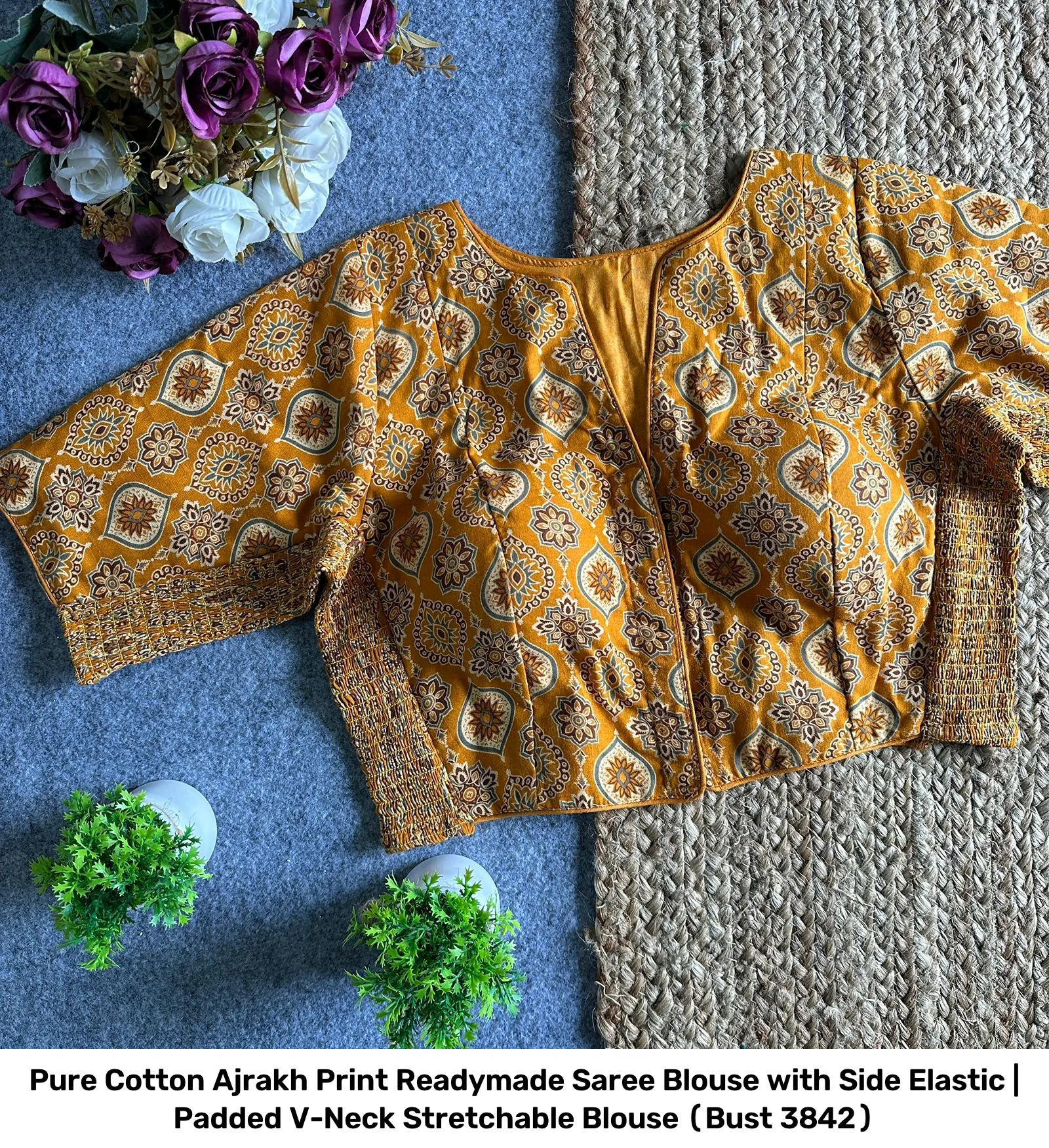 Pure Cotton Ajrakh Print Readymade Saree Blouse with Side Elastic | Padded V-Neck Stretchable Blouse (Bust 38–42) 9