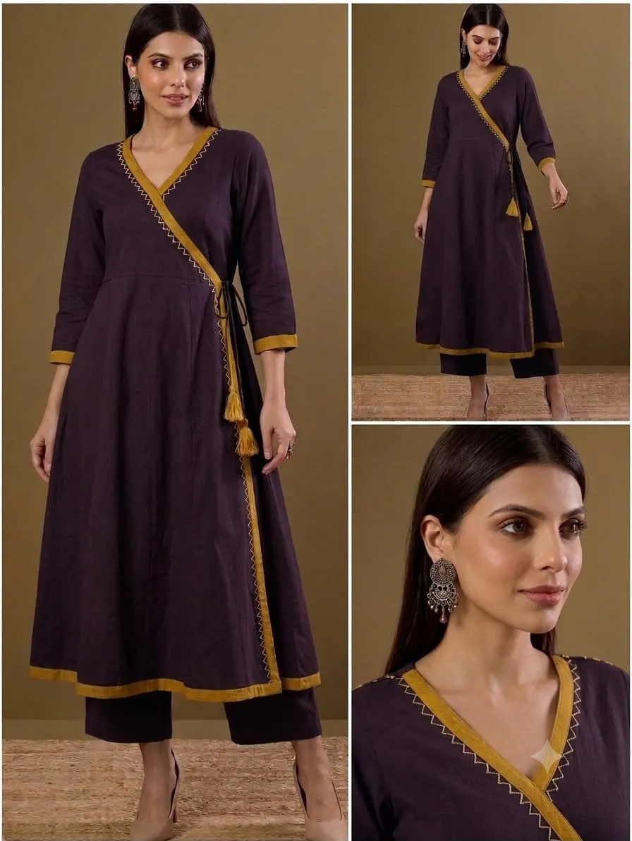 Pure Cotton Angrakha Kurti Pant Set | V-Neck Side Tie-Up Flared Kurta with Trousers 2-Piece Set